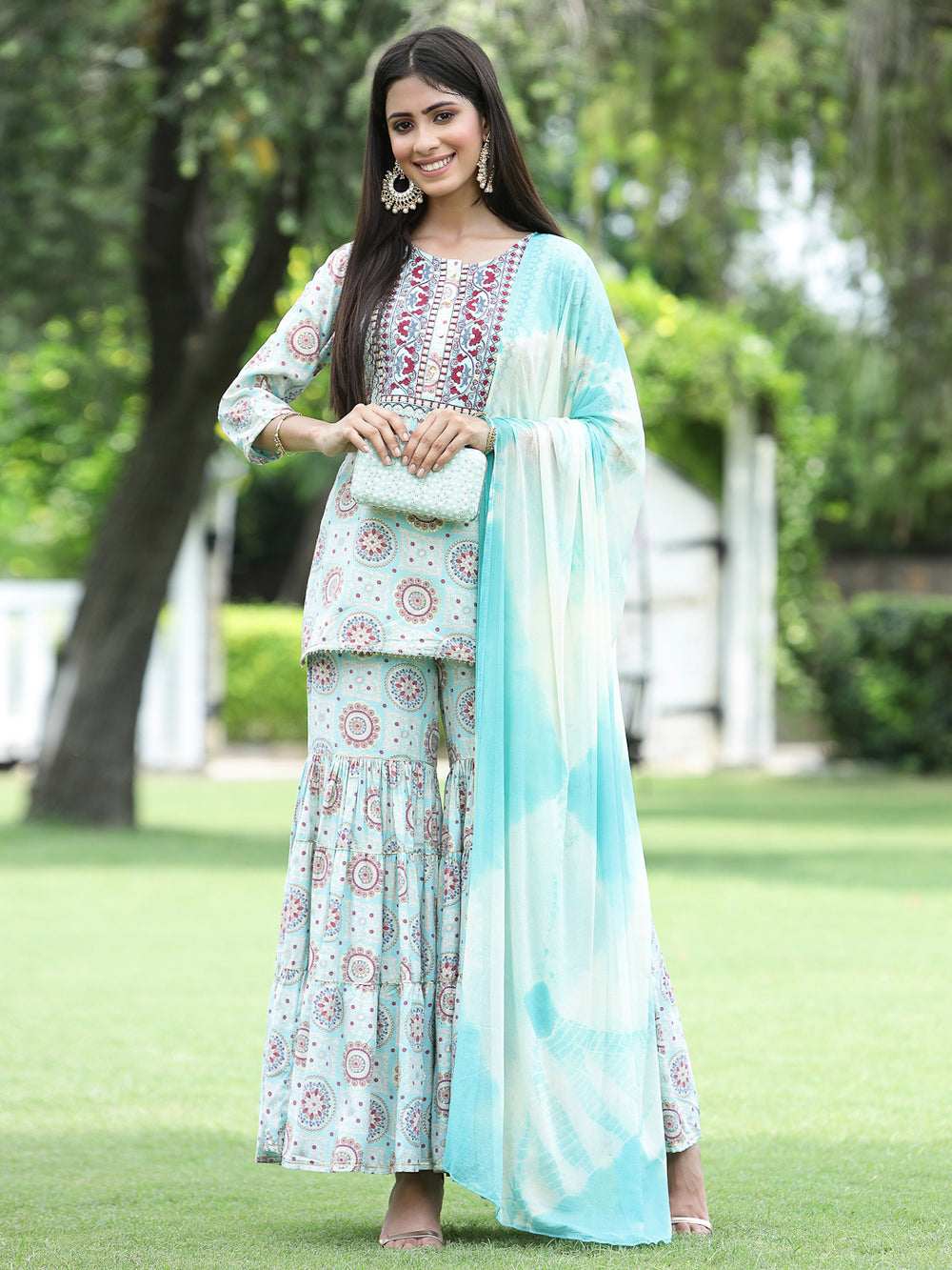 Juniper Skyblue Muslin Festive Wear Mirror Work Straight Kurta Sharara Dupatta Set | Swadesiicart