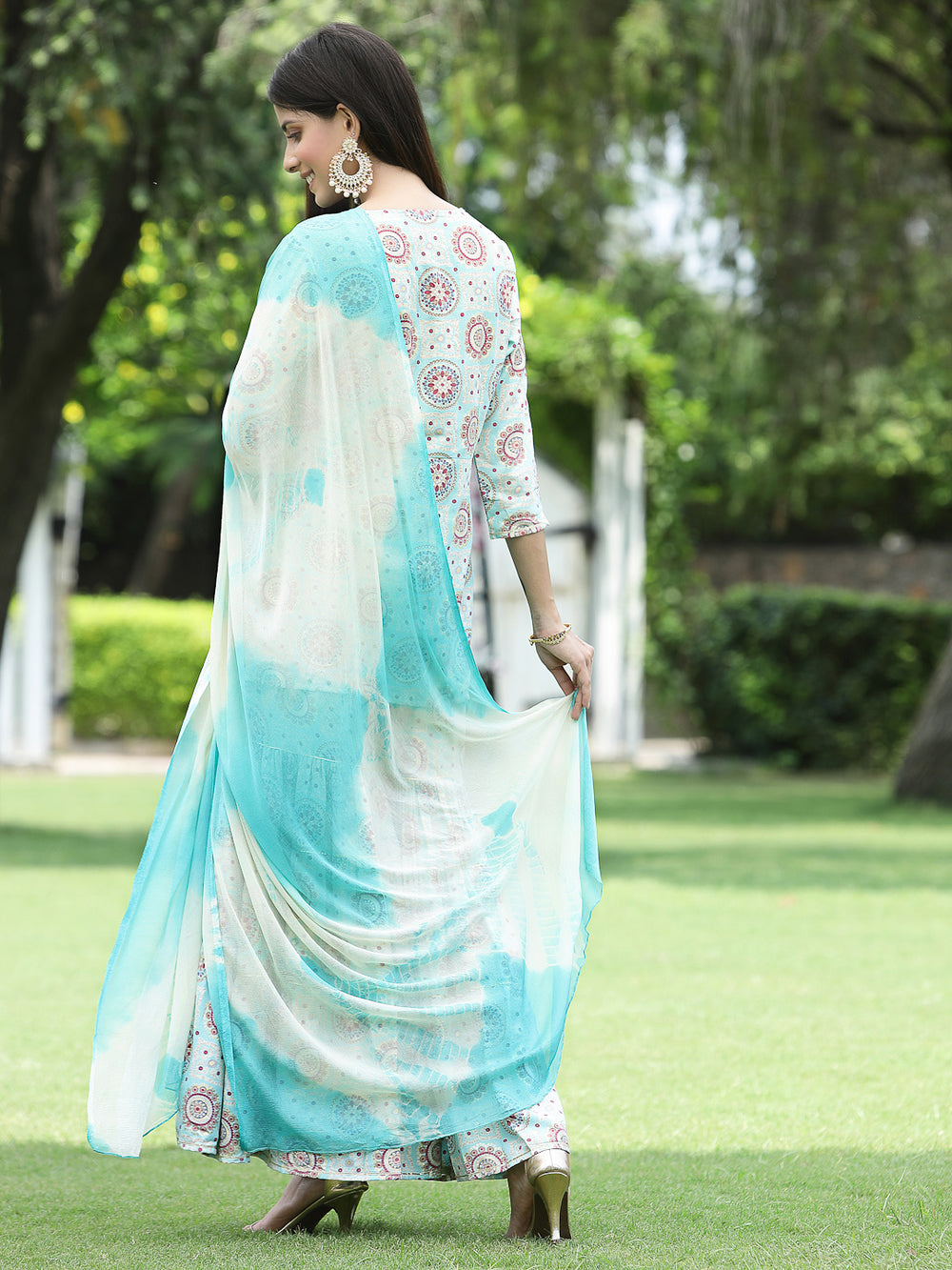 Juniper Skyblue Muslin Festive Wear Mirror Work Straight Kurta Sharara Dupatta Set | Swadesiicart
