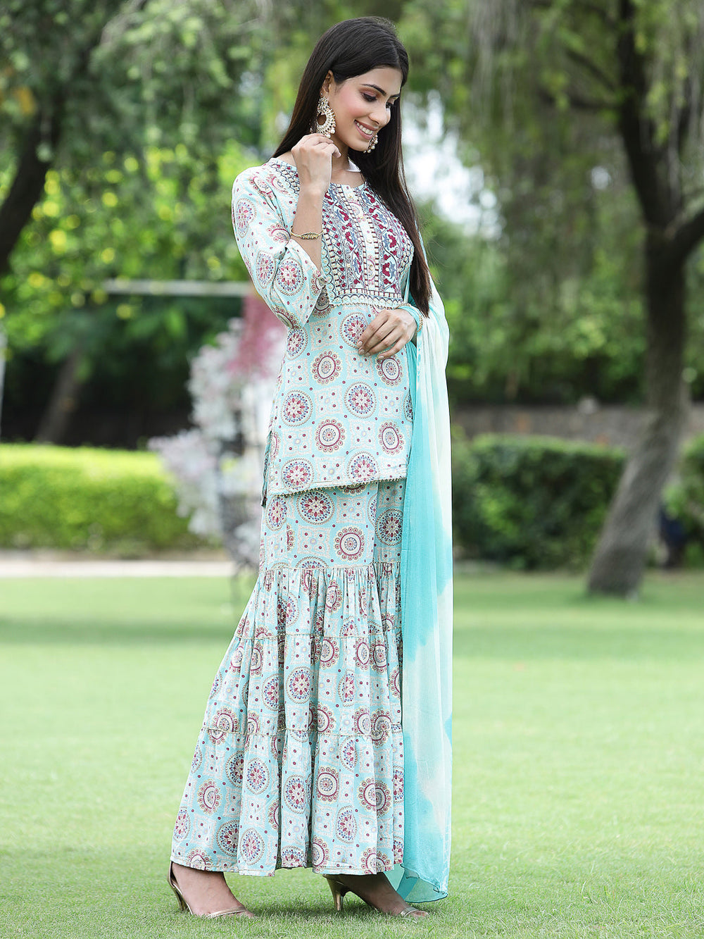 Juniper Skyblue Muslin Festive Wear Mirror Work Straight Kurta Sharara Dupatta Set | Swadesiicart