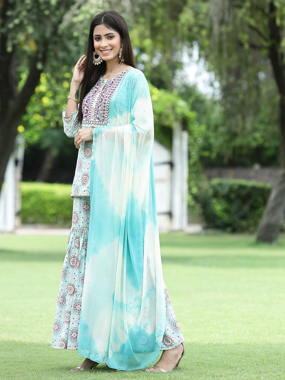 Juniper Skyblue Muslin Festive Wear Mirror Work Straight Kurta Sharara Dupatta Set | Swadesiicart