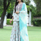 Juniper Skyblue Muslin Festive Wear Mirror Work Straight Kurta Sharara Dupatta Set | Swadesiicart