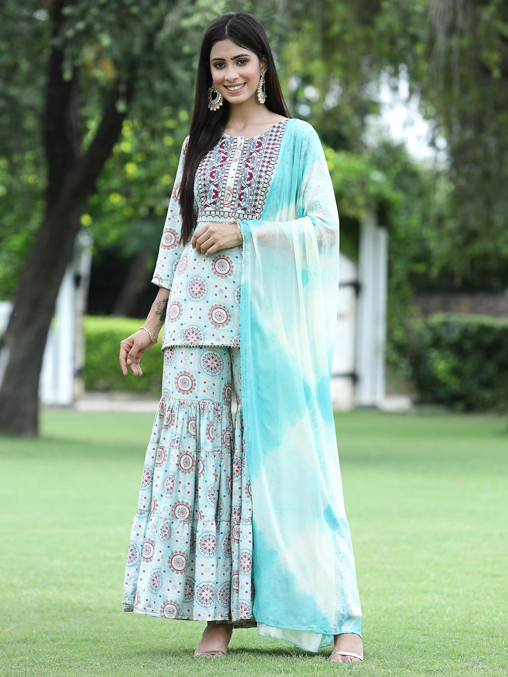 Juniper Skyblue Muslin Festive Wear Mirror Work Straight Kurta Sharara Dupatta Set | Swadesiicart