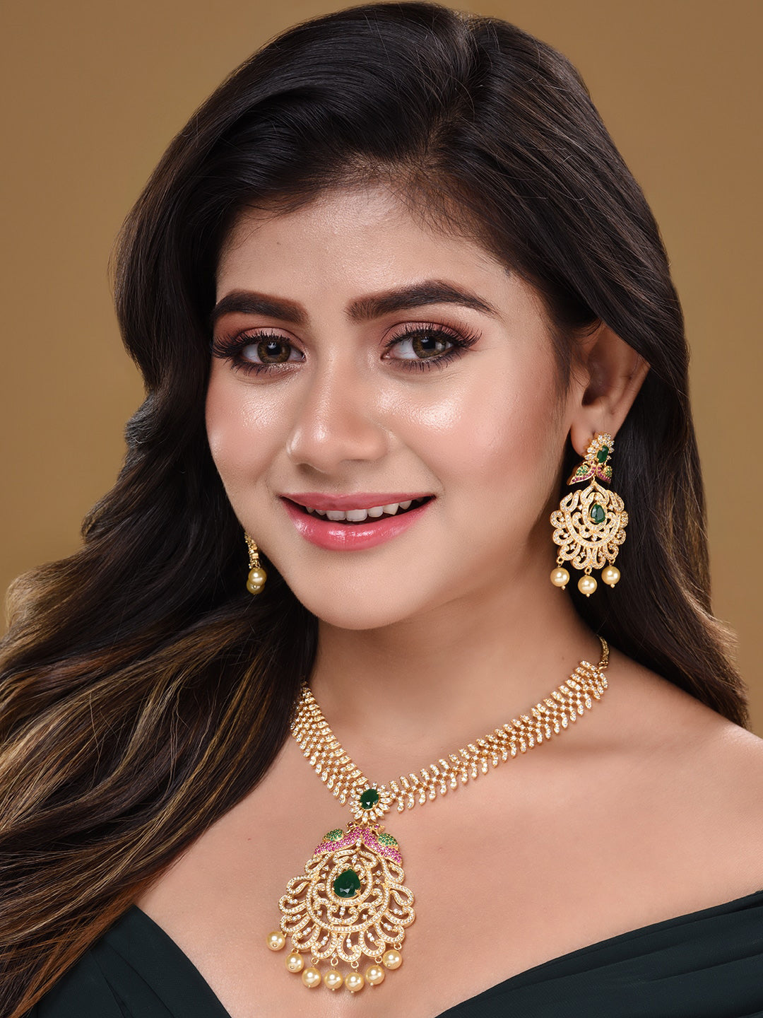 Saraf RS Jewellery Women Gold and Green Gold-Polished Jewellery Set - Swadesiicart