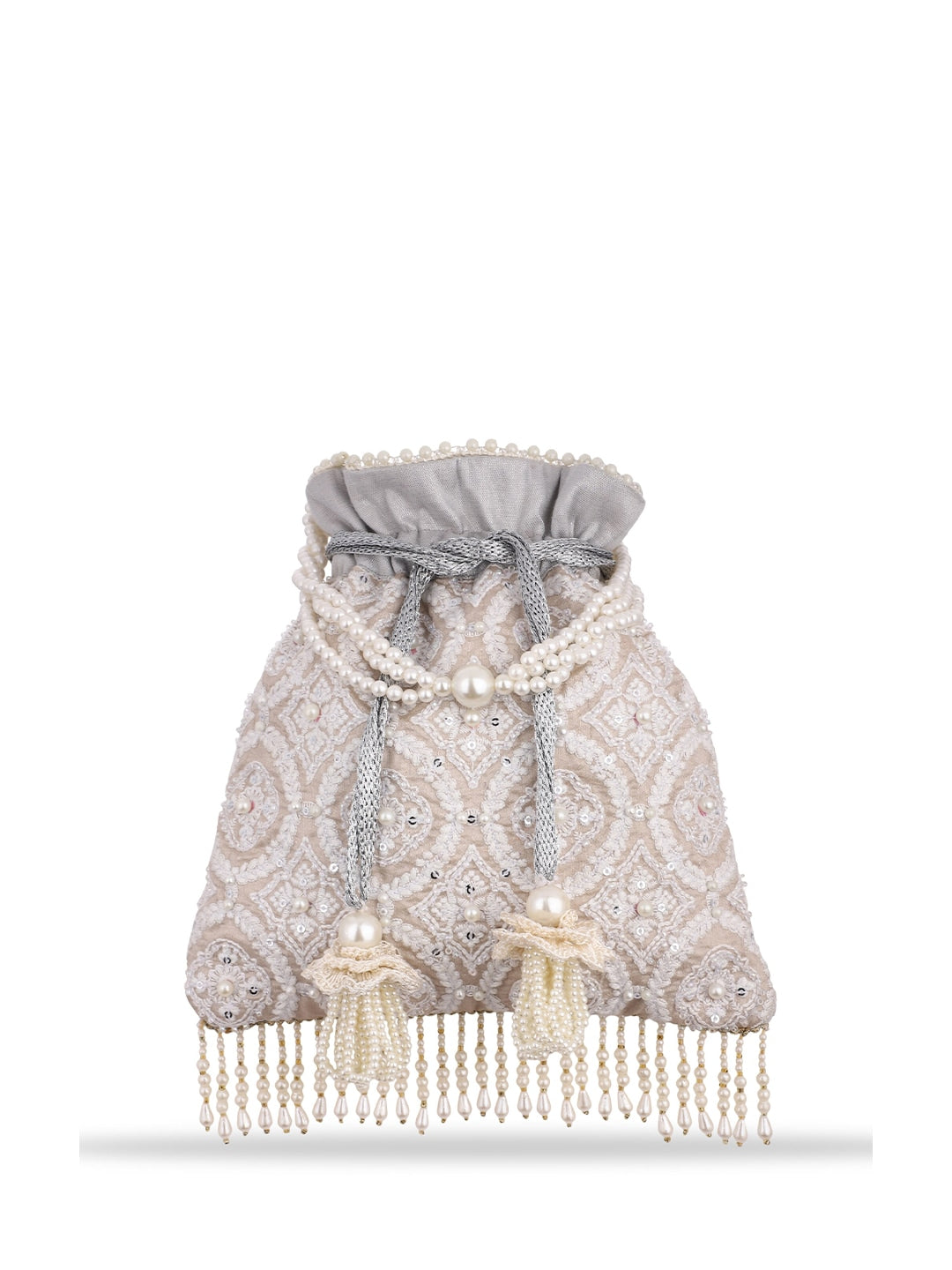 Masq Tan & White Embroidered Potli Clutch - Swadesiicart