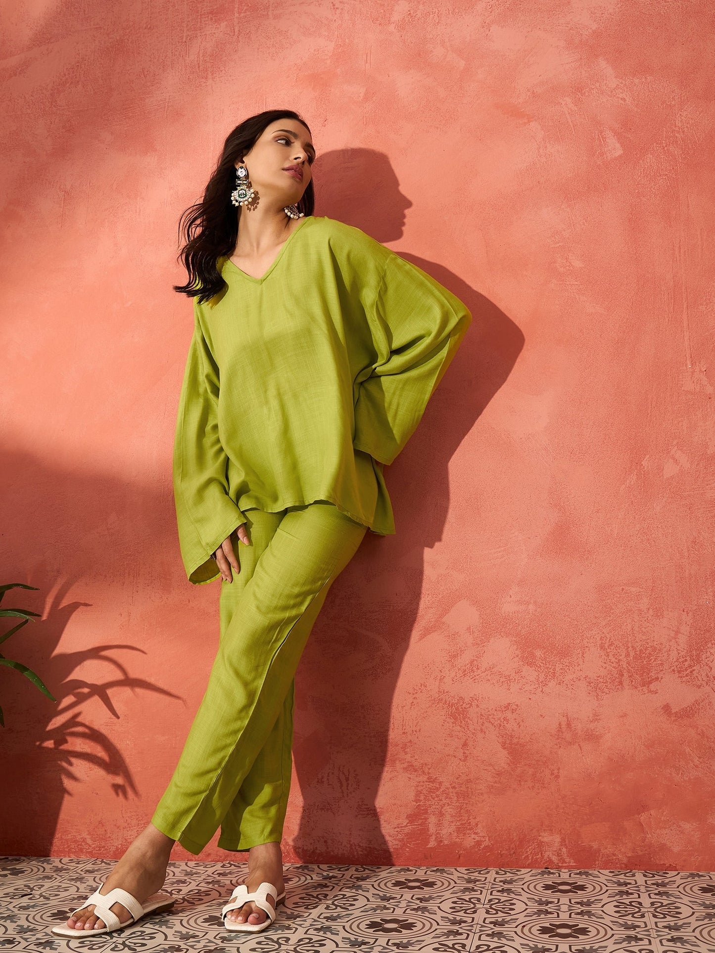 InWeave Pear Green Solid Boho Full Sleeve Co Ord Set - Swadesiicart