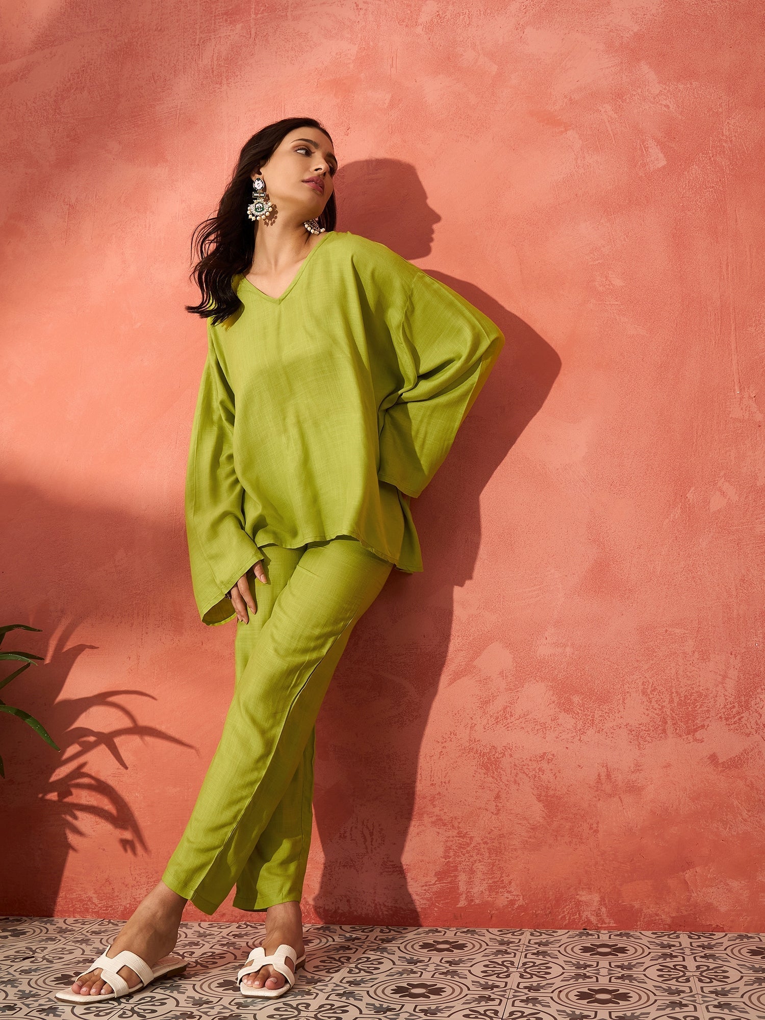 InWeave Pear Green Solid Boho Full Sleeve Co Ord Set - Swadesiicart