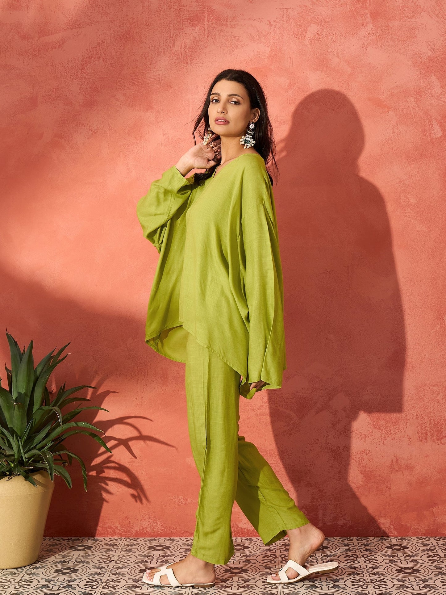InWeave Pear Green Solid Boho Full Sleeve Co Ord Set - Swadesiicart