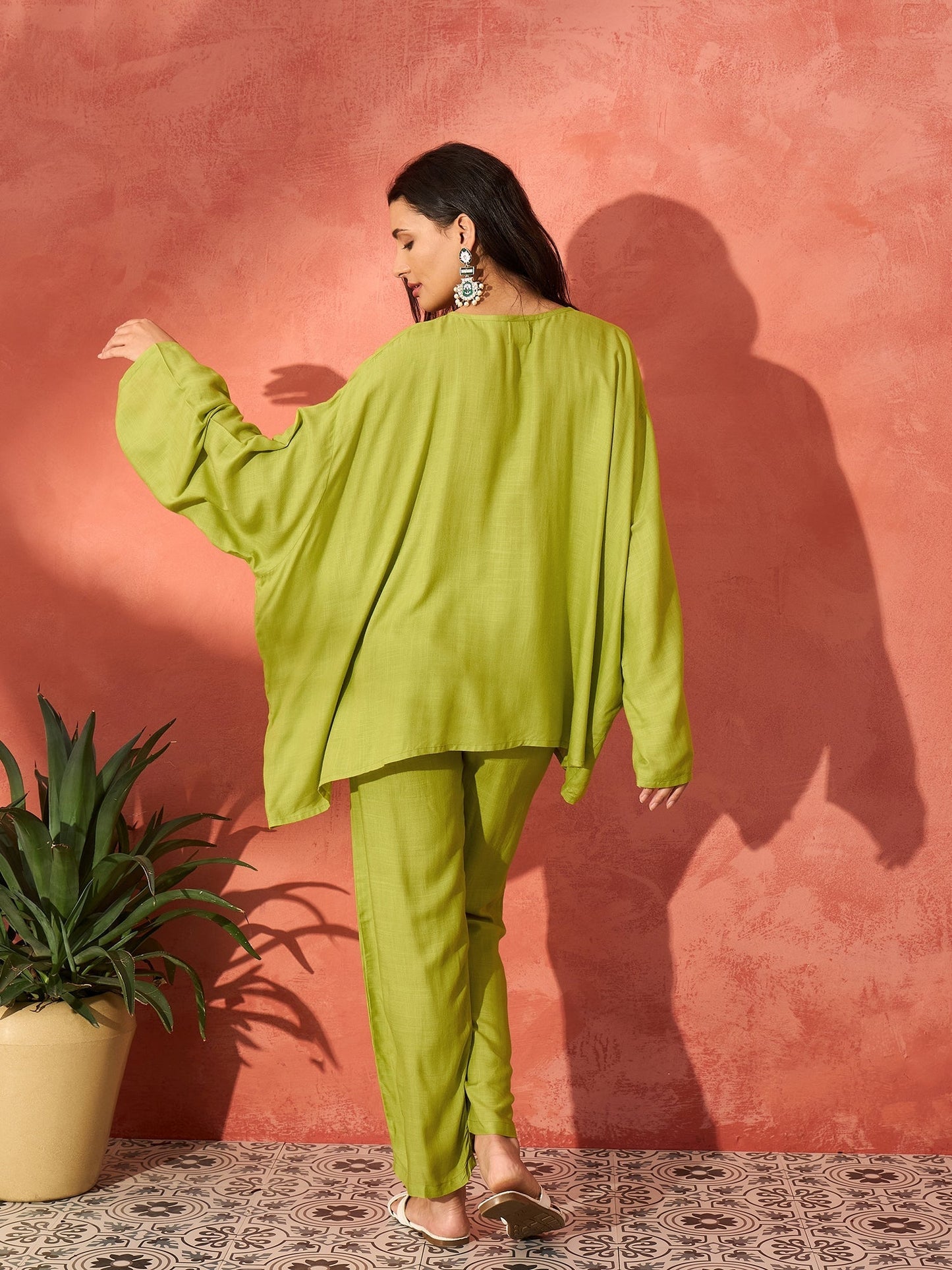 InWeave Pear Green Solid Boho Full Sleeve Co Ord Set - Swadesiicart