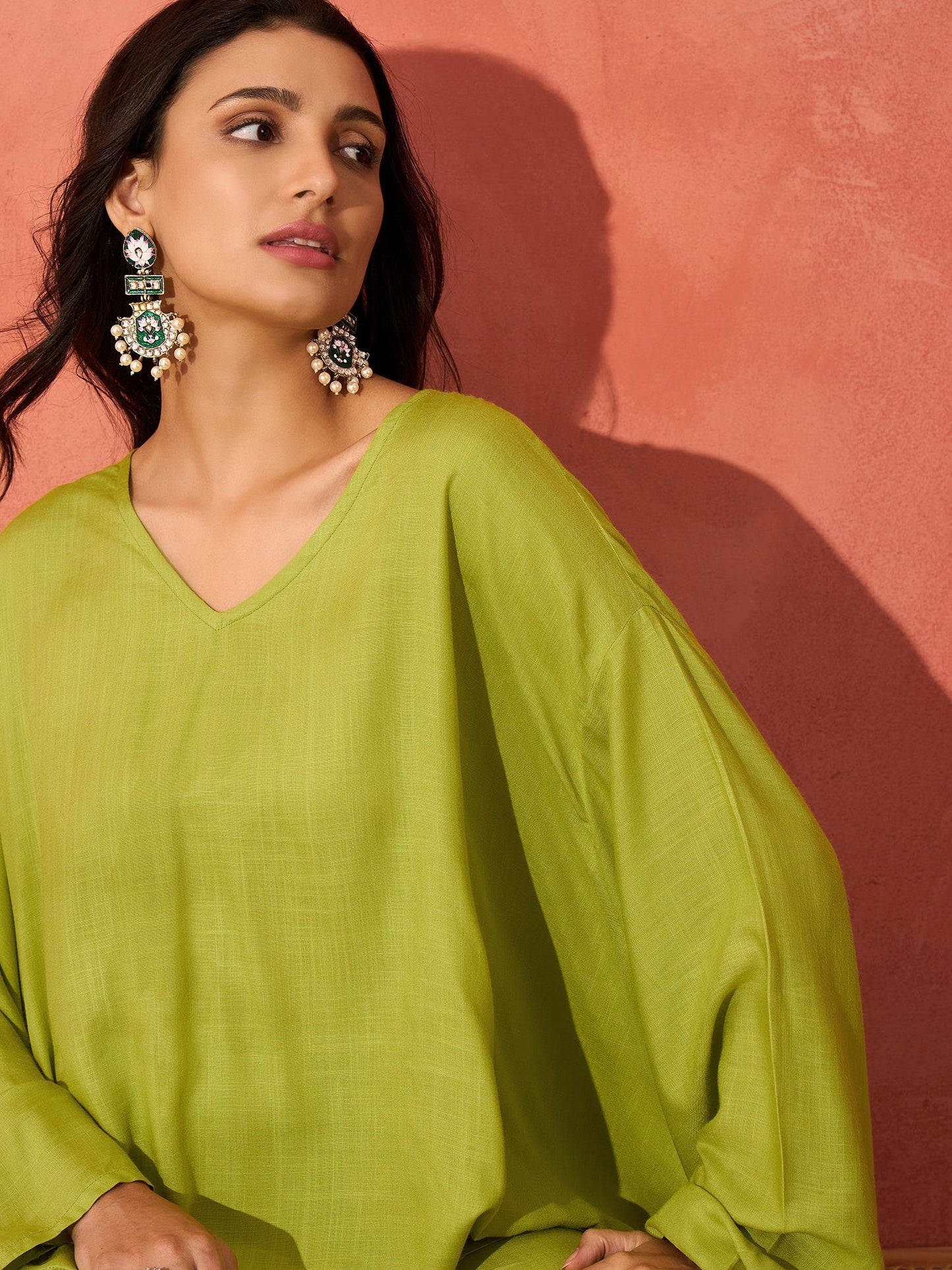 InWeave Pear Green Solid Boho Full Sleeve Co Ord Set - Swadesiicart