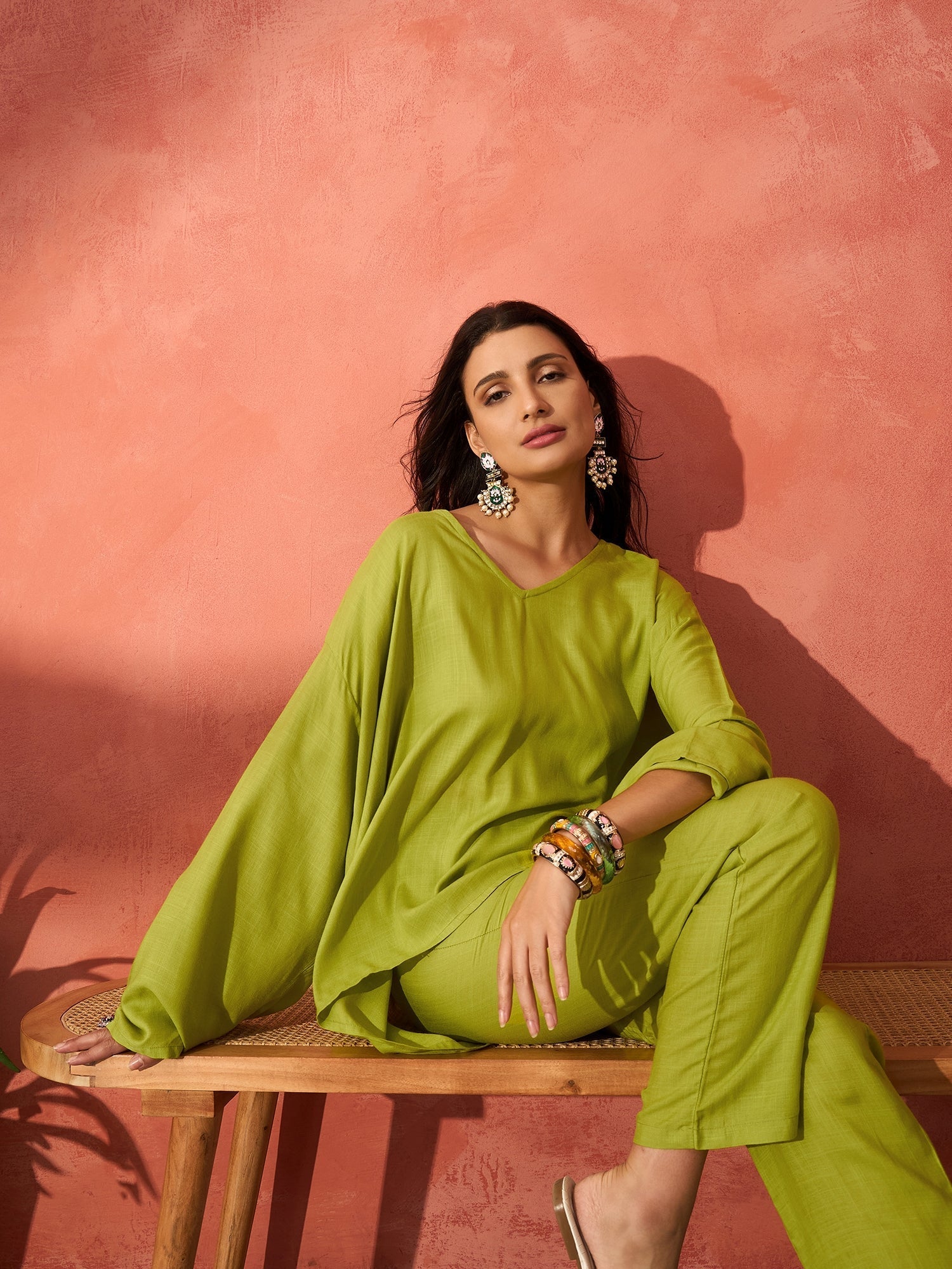 InWeave Pear Green Solid Boho Full Sleeve Co Ord Set - Swadesiicart