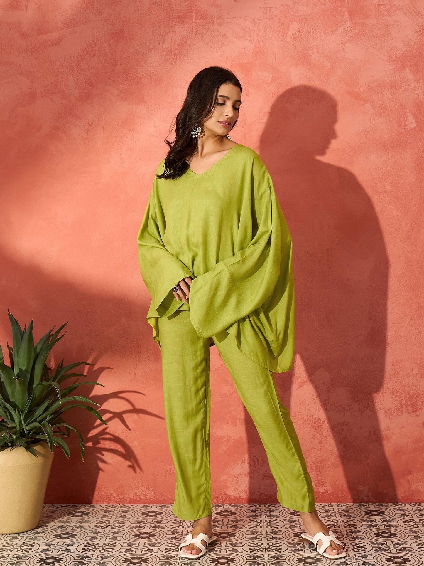 InWeave Pear Green Solid Boho Full Sleeve Co Ord Set - Swadesiicart
