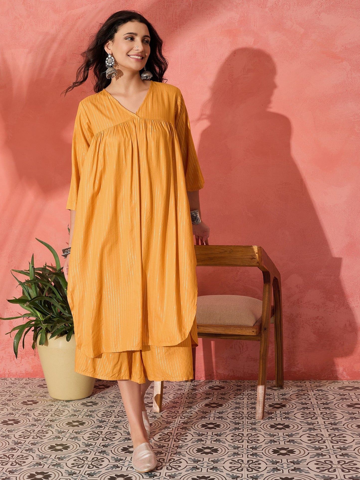 InWeave Mustard Lurex Flared V Neck Kurta Palazzo Set - Swadesiicart