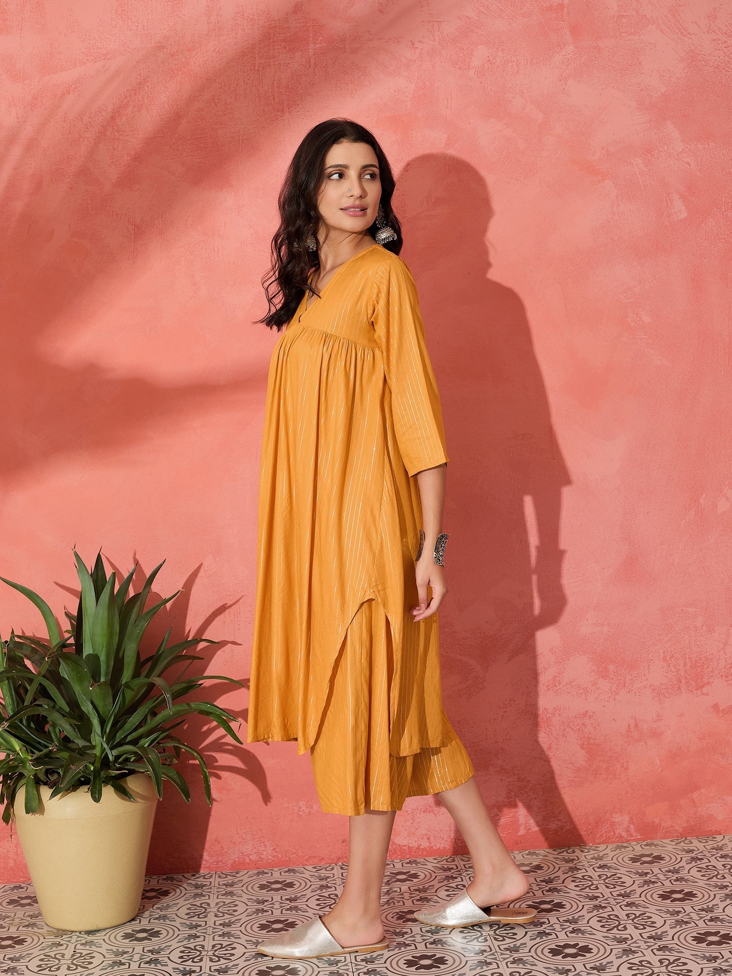 InWeave Mustard Lurex Flared V Neck Kurta Palazzo Set - Swadesiicart