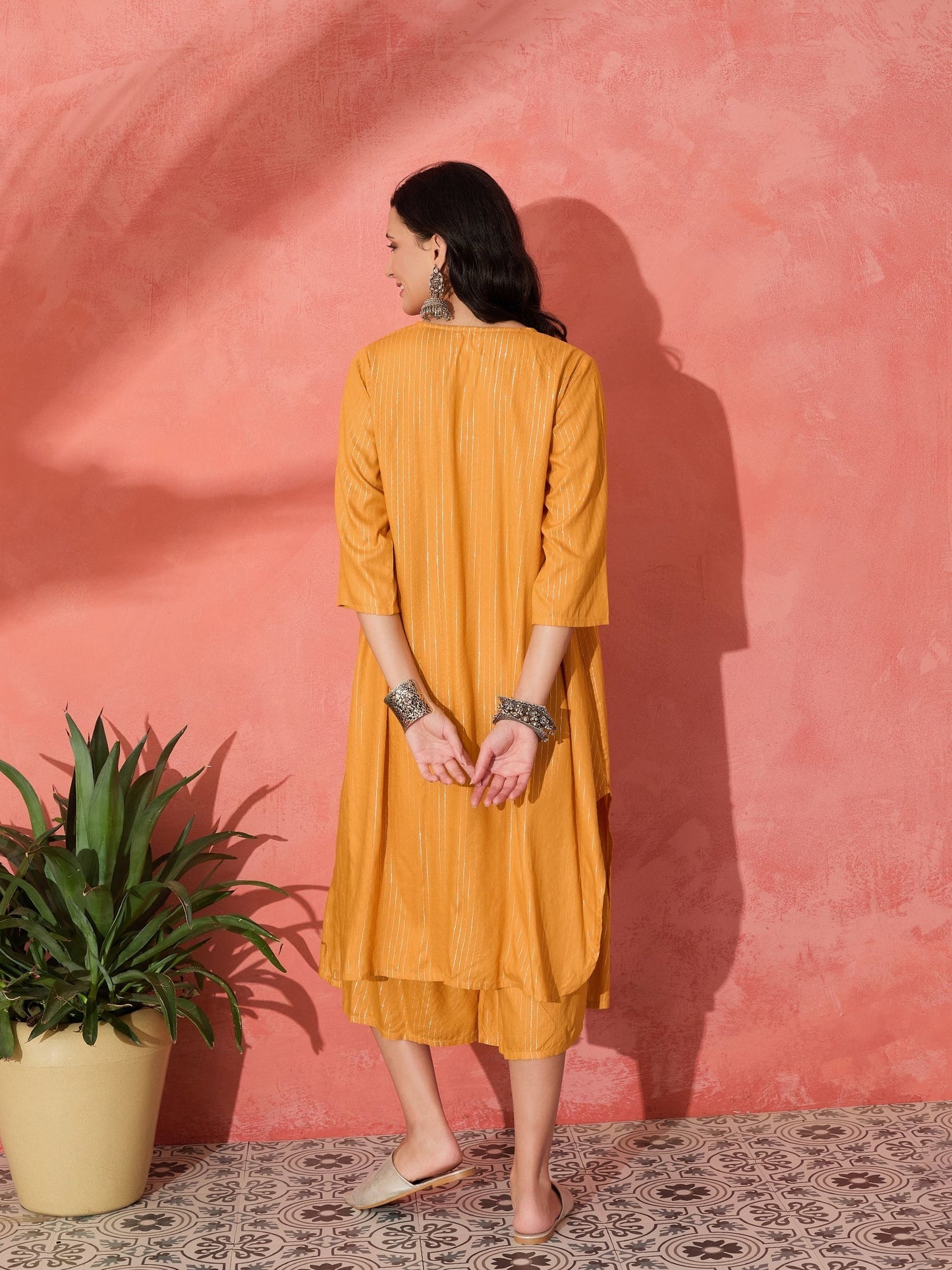 InWeave Mustard Lurex Flared V Neck Kurta Palazzo Set - Swadesiicart