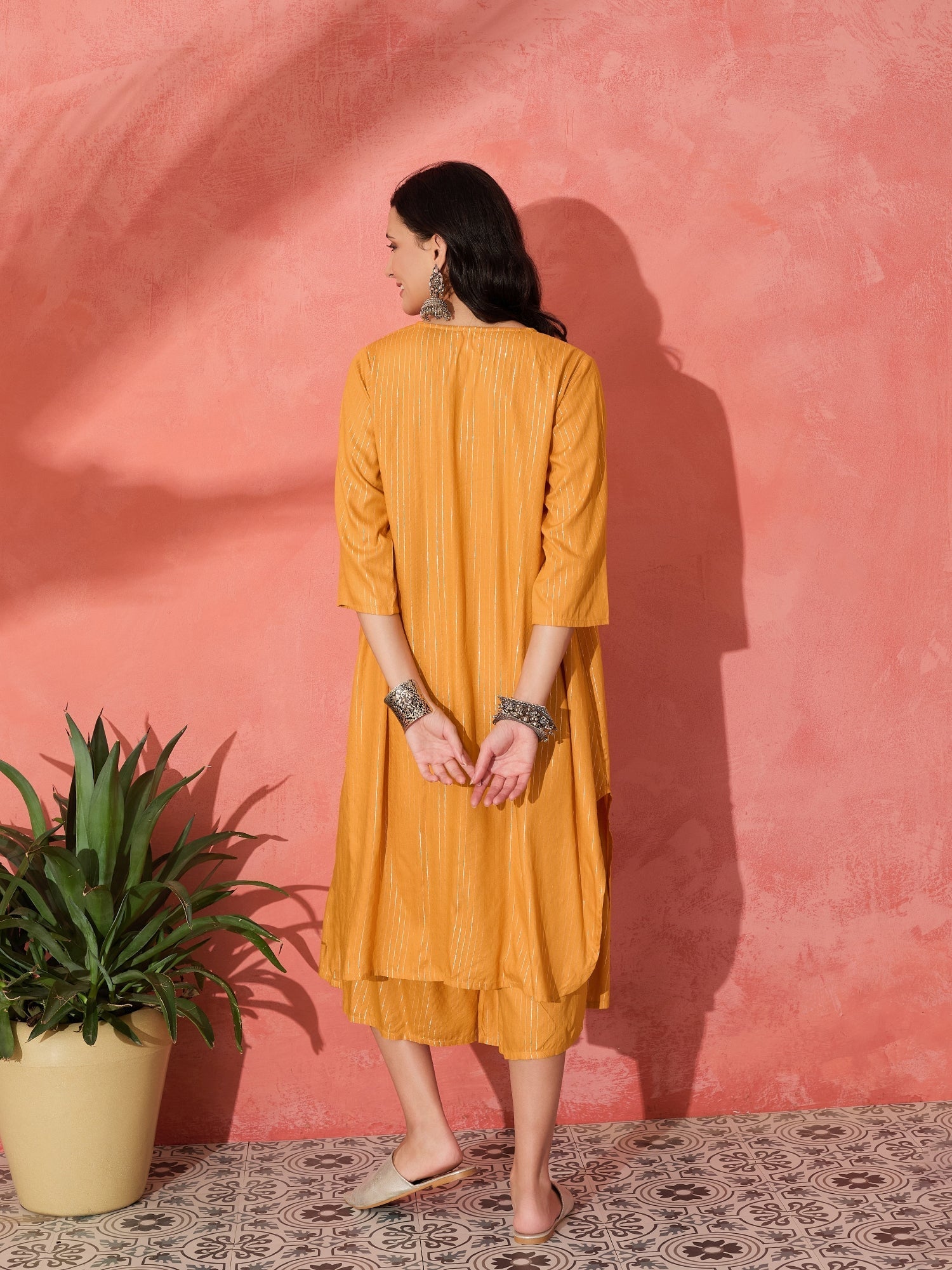 InWeave Mustard Lurex Flared V Neck Kurta Palazzo Set - Swadesiicart