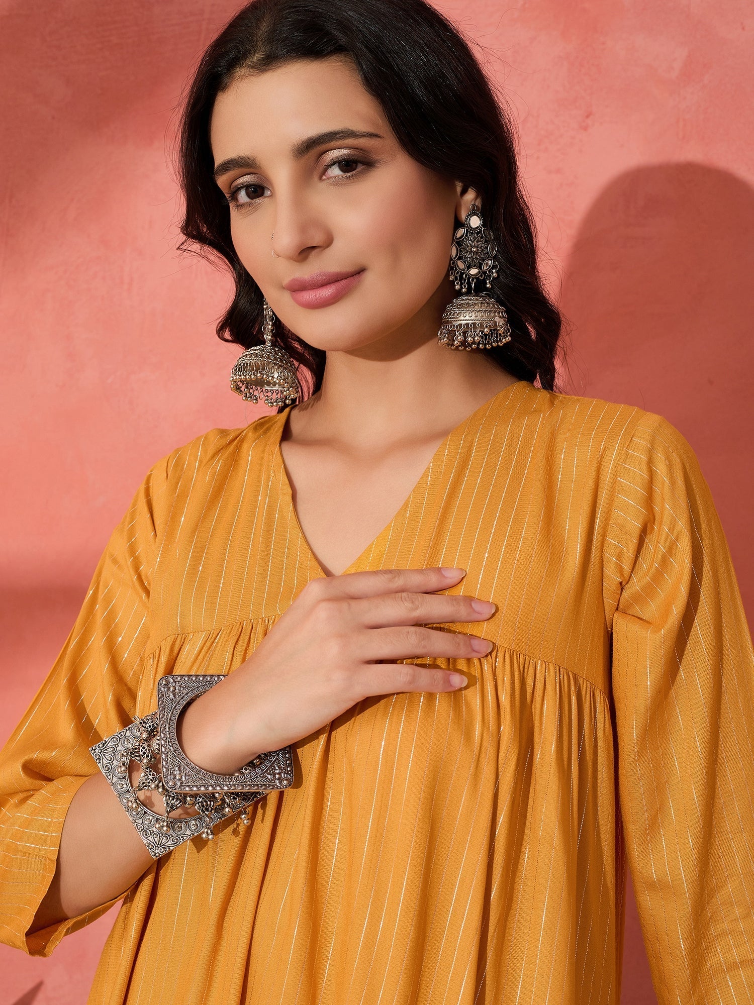 InWeave Mustard Lurex Flared V Neck Kurta Palazzo Set - Swadesiicart