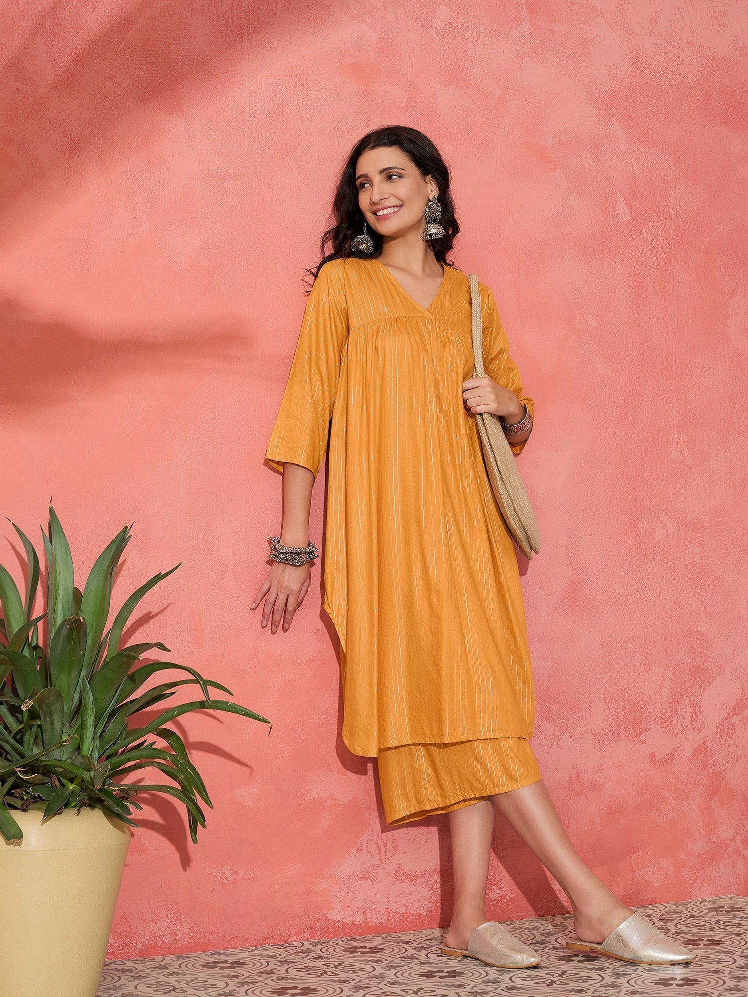 InWeave Mustard Lurex Flared V Neck Kurta Palazzo Set - Swadesiicart