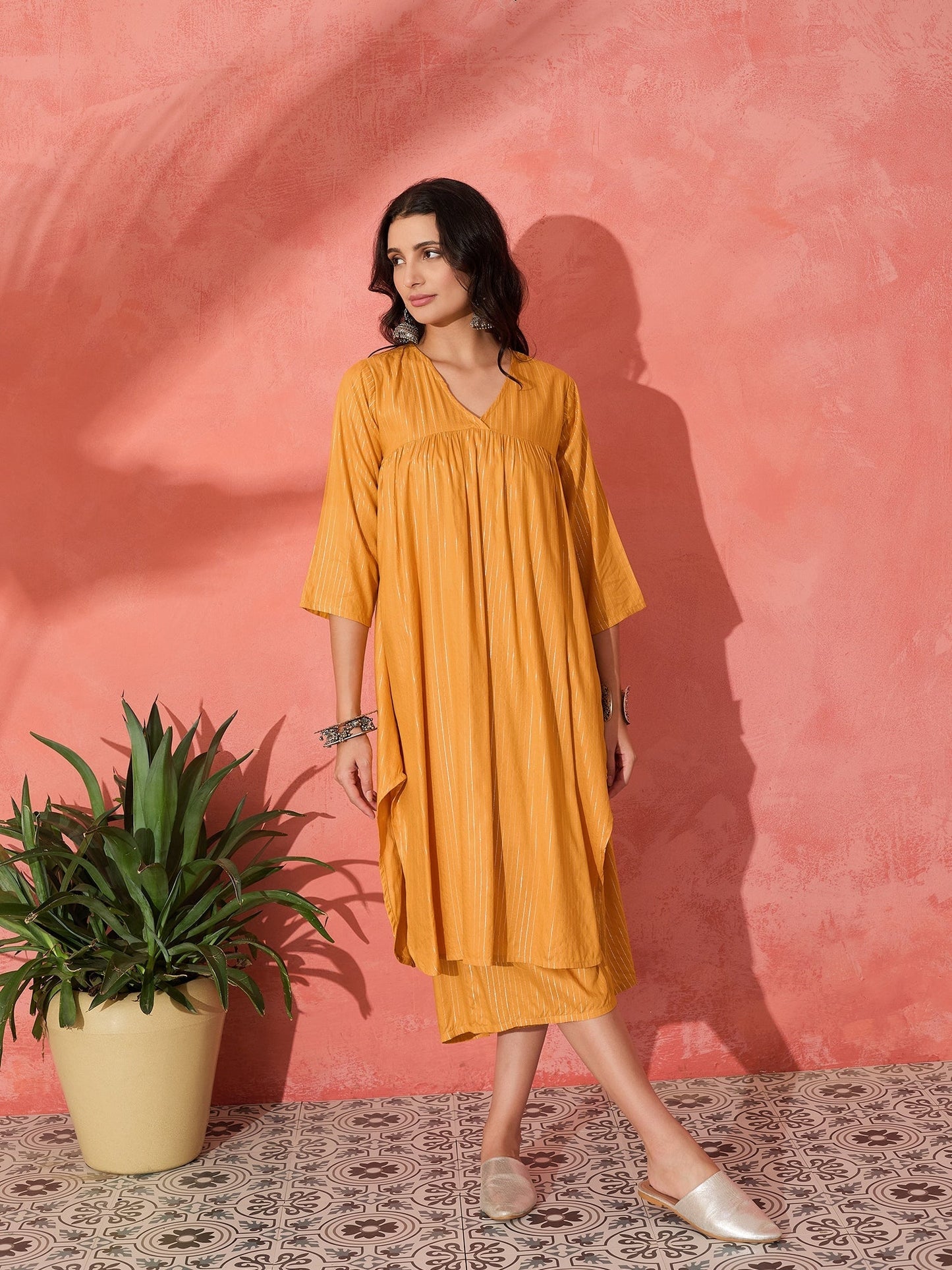 InWeave Mustard Lurex Flared V Neck Kurta Palazzo Set - Swadesiicart