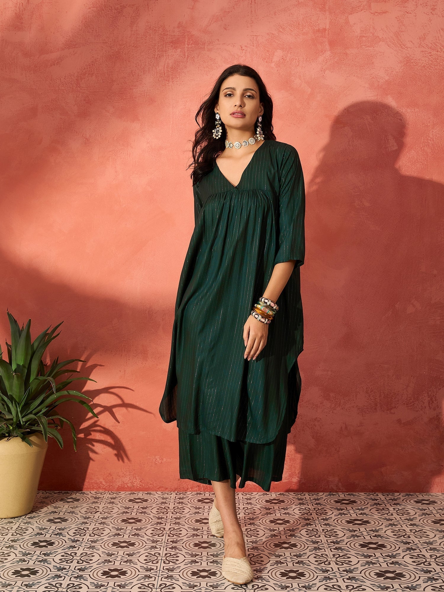 InWeave Pine Green Lurex Flared V Neck Kurta Palazzo Set - Swadesiicart