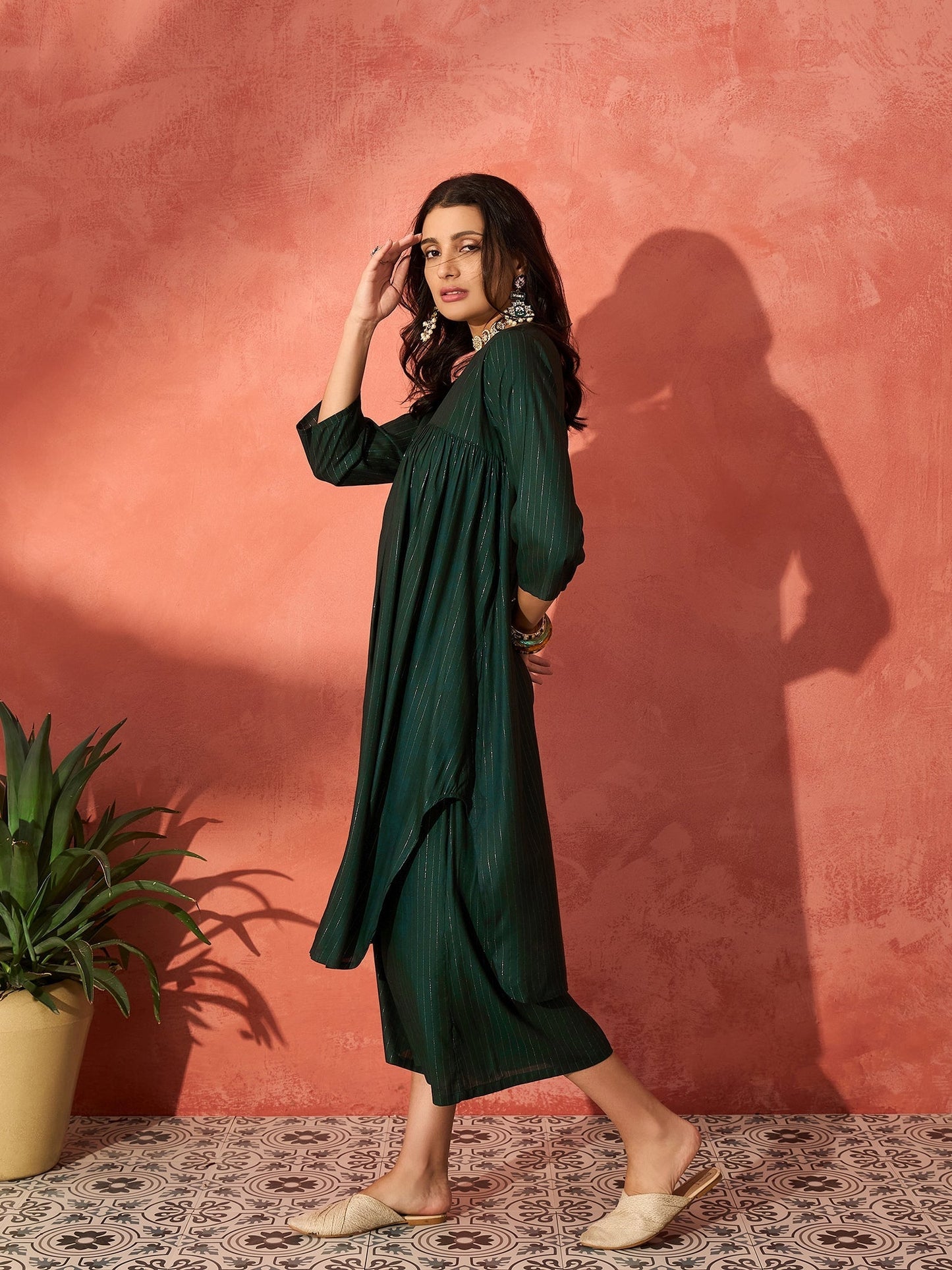 InWeave Pine Green Lurex Flared V Neck Kurta Palazzo Set - Swadesiicart