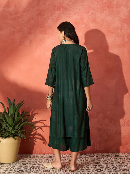 InWeave Pine Green Lurex Flared V Neck Kurta Palazzo Set - Swadesiicart