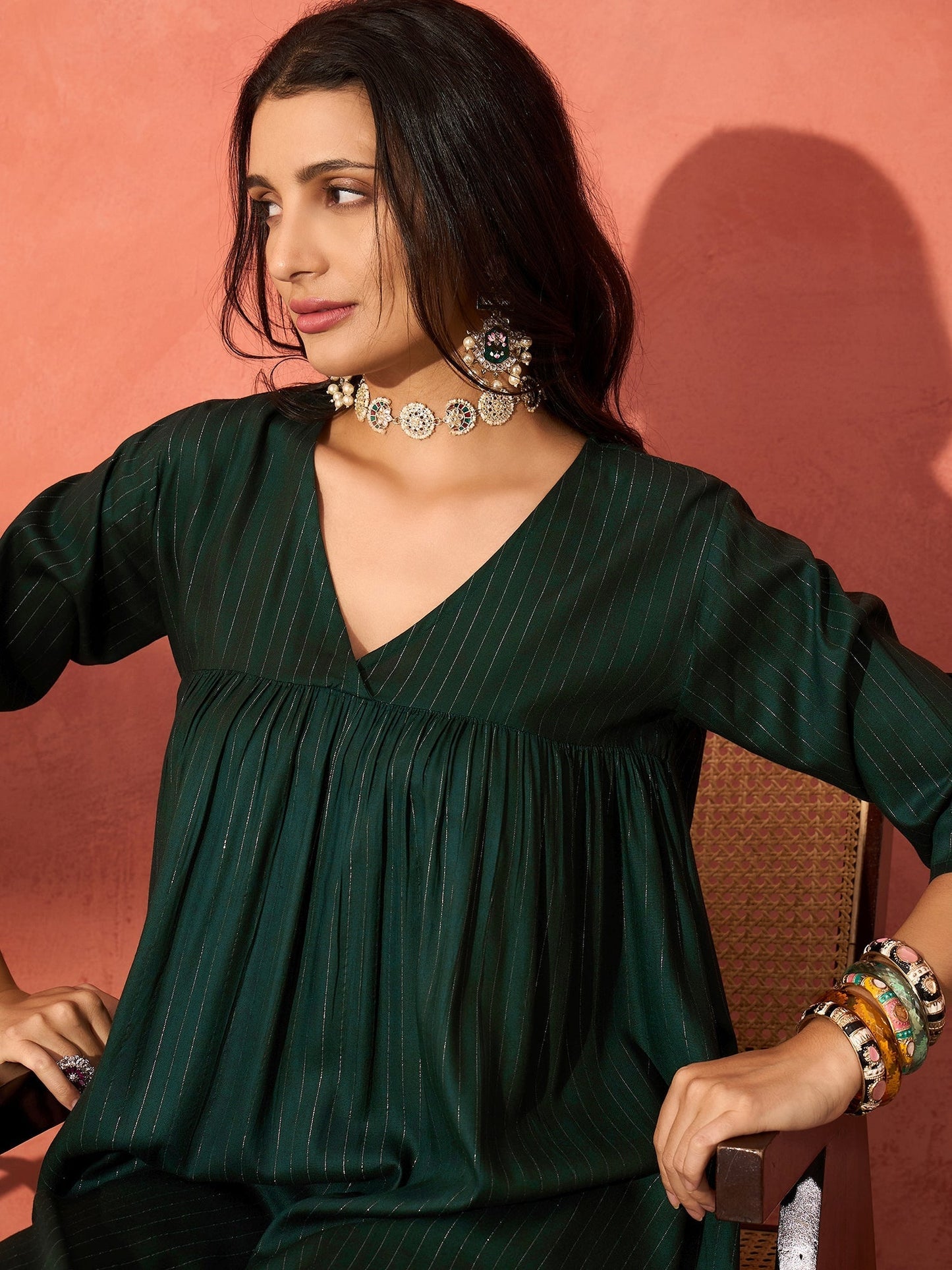 InWeave Pine Green Lurex Flared V Neck Kurta Palazzo Set - Swadesiicart