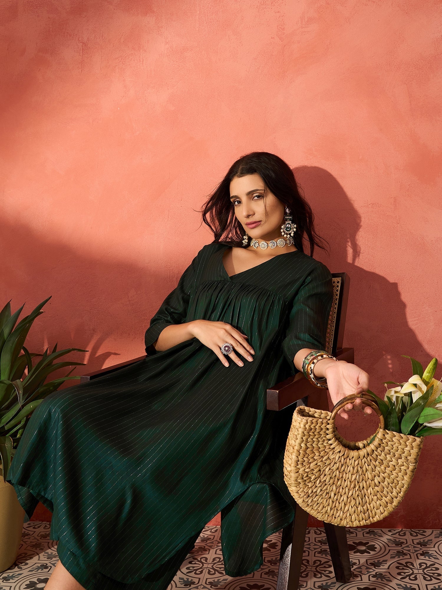 InWeave Pine Green Lurex Flared V Neck Kurta Palazzo Set - Swadesiicart