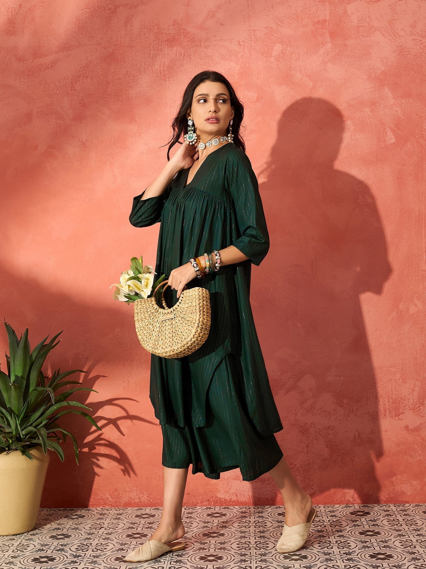 InWeave Pine Green Lurex Flared V Neck Kurta Palazzo Set - Swadesiicart