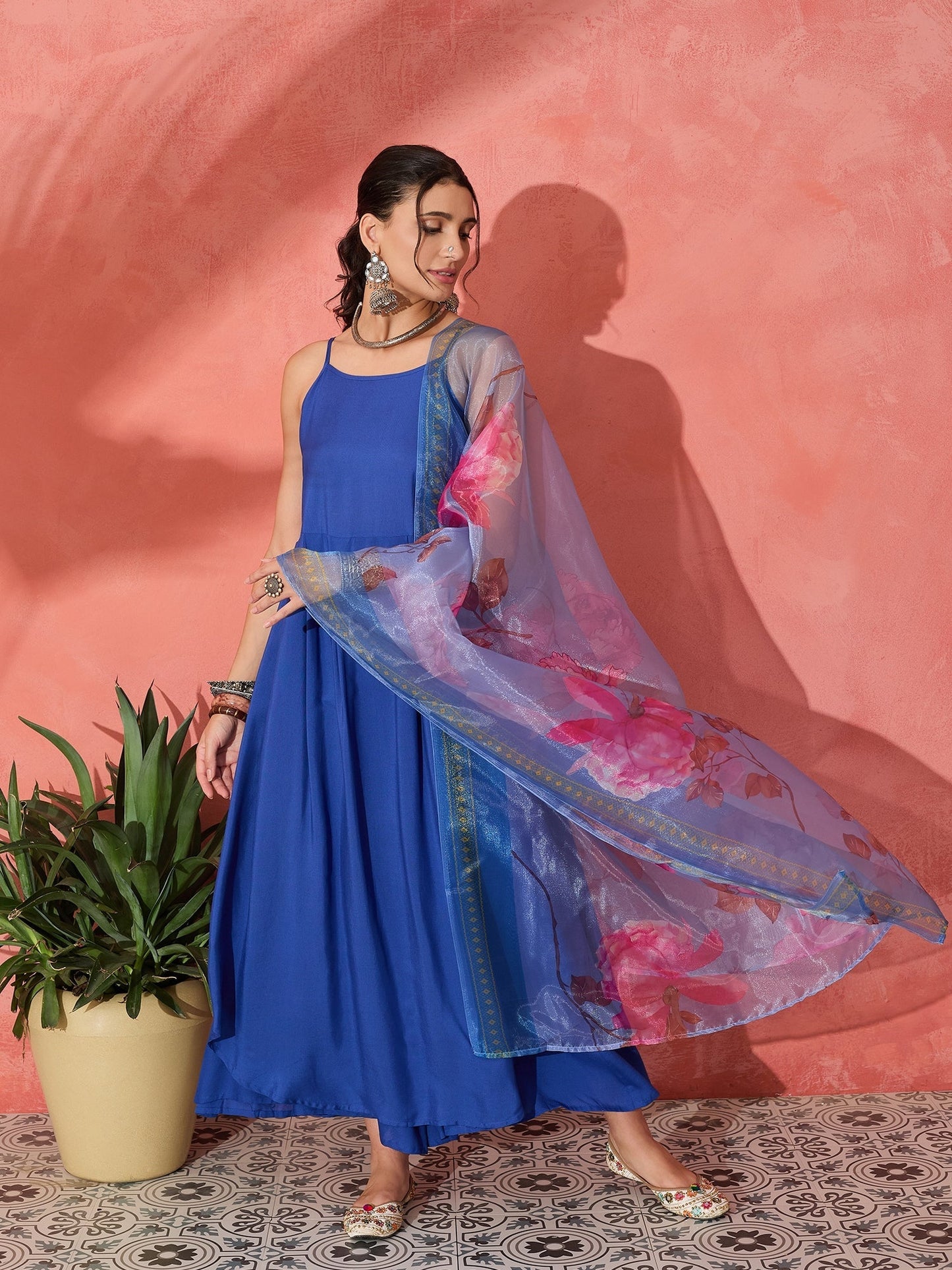 InWeave Strappy Ink Blue With Blue Fuchsia Floral Organza Dupatta Set - Swadesiicart