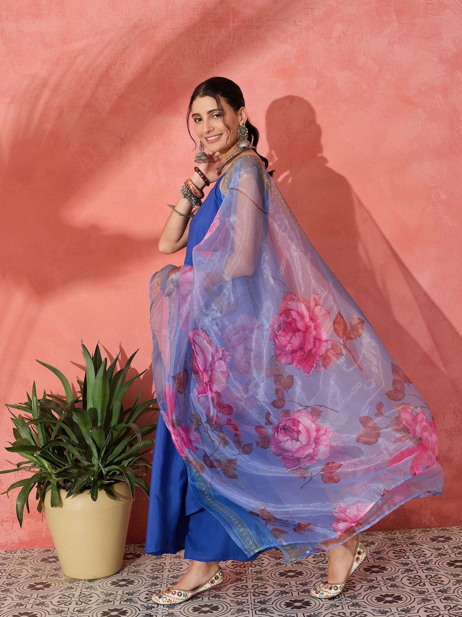 InWeave Strappy Ink Blue With Blue Fuchsia Floral Organza Dupatta Set - Swadesiicart