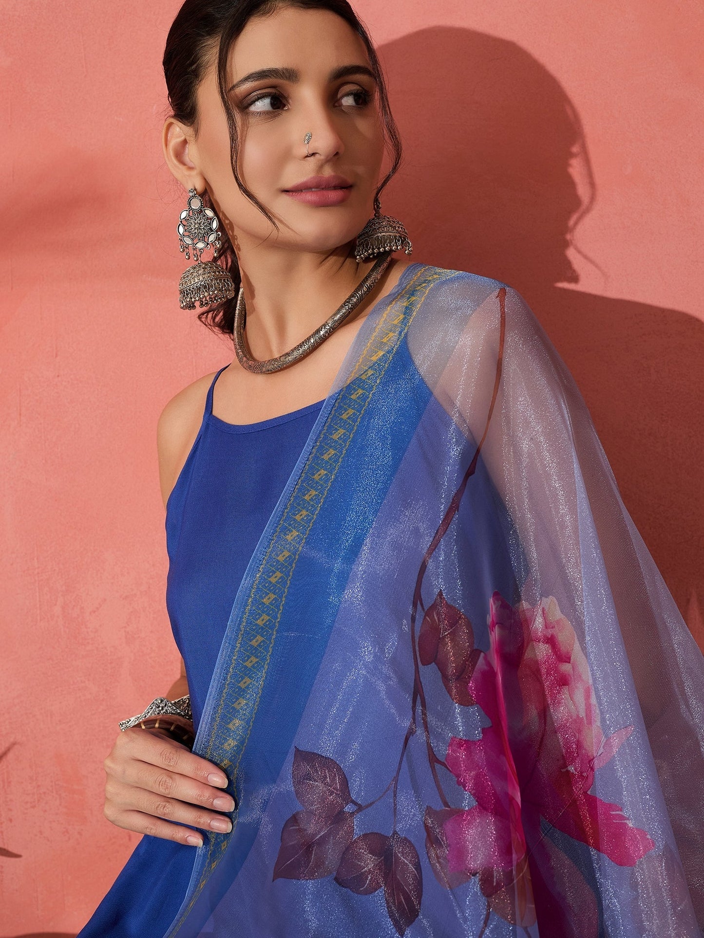 InWeave Strappy Ink Blue With Blue Fuchsia Floral Organza Dupatta Set - Swadesiicart