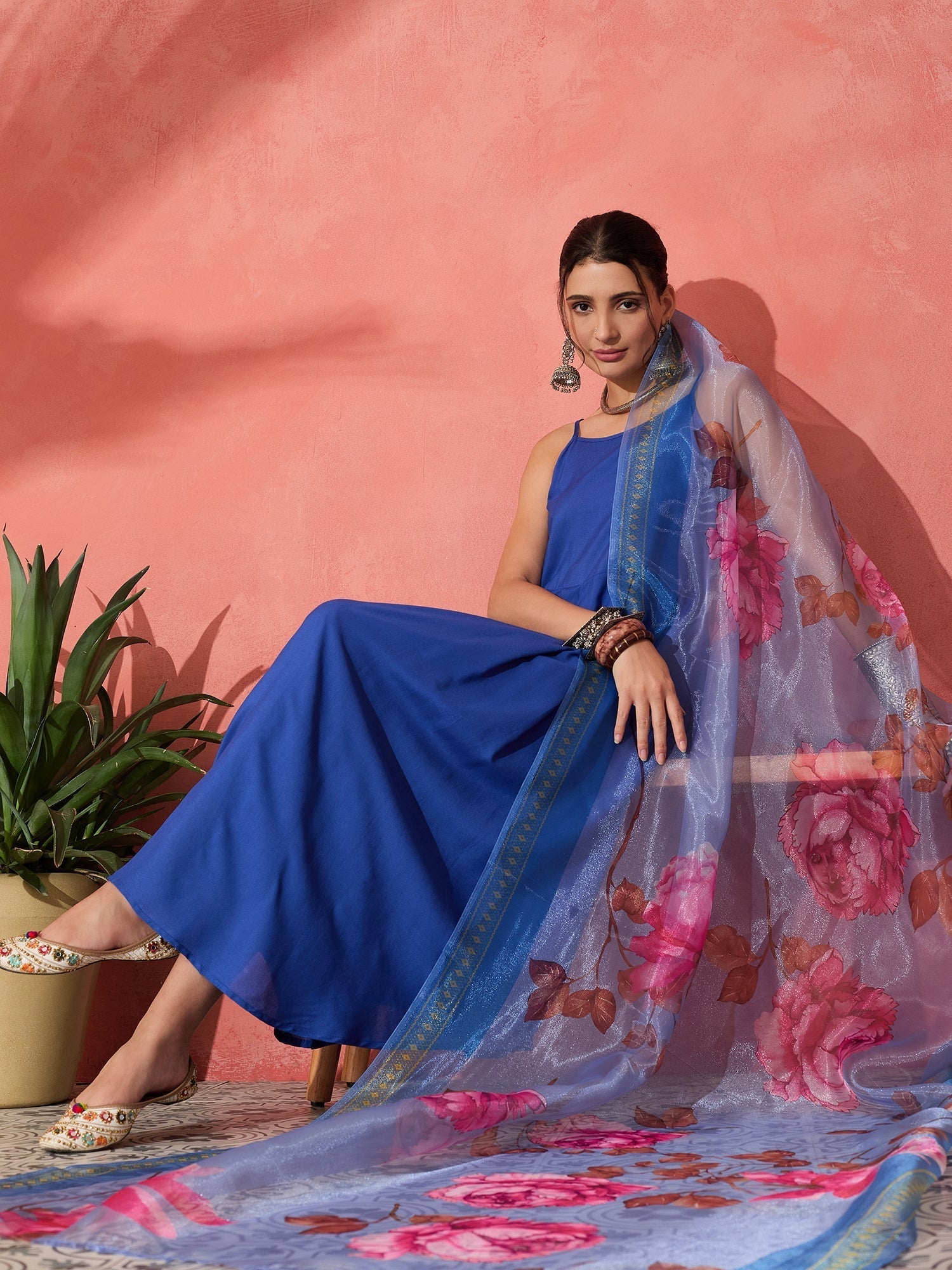 InWeave Strappy Ink Blue With Blue Fuchsia Floral Organza Dupatta Set - Swadesiicart