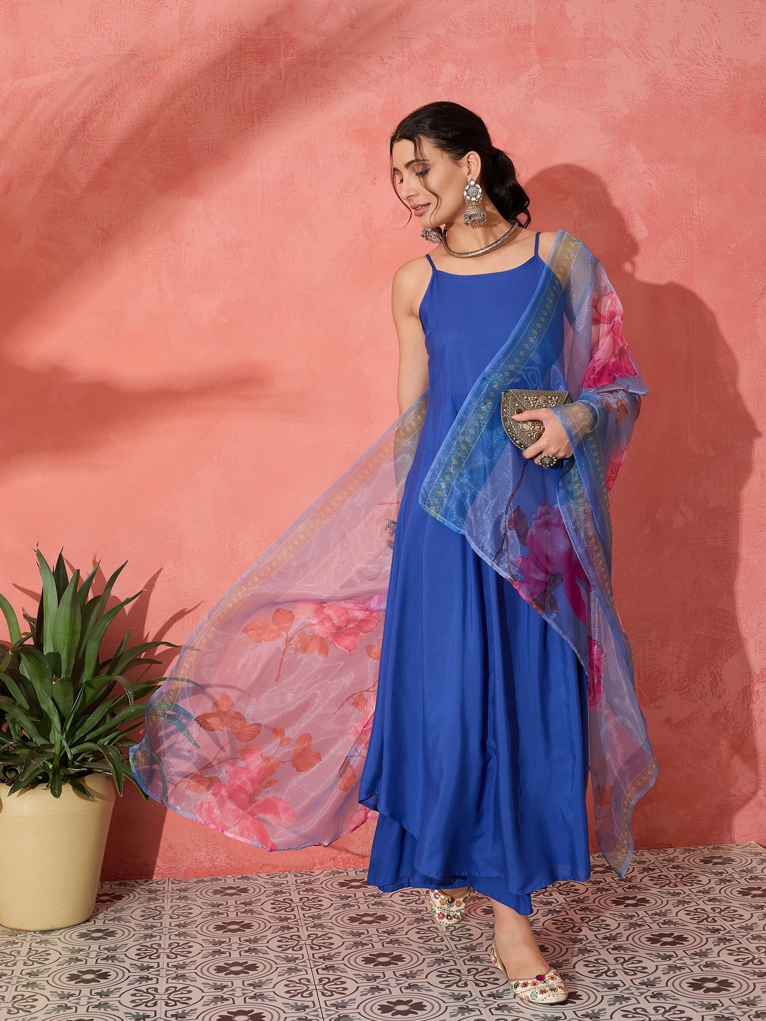 InWeave Strappy Ink Blue With Blue Fuchsia Floral Organza Dupatta Set - Swadesiicart