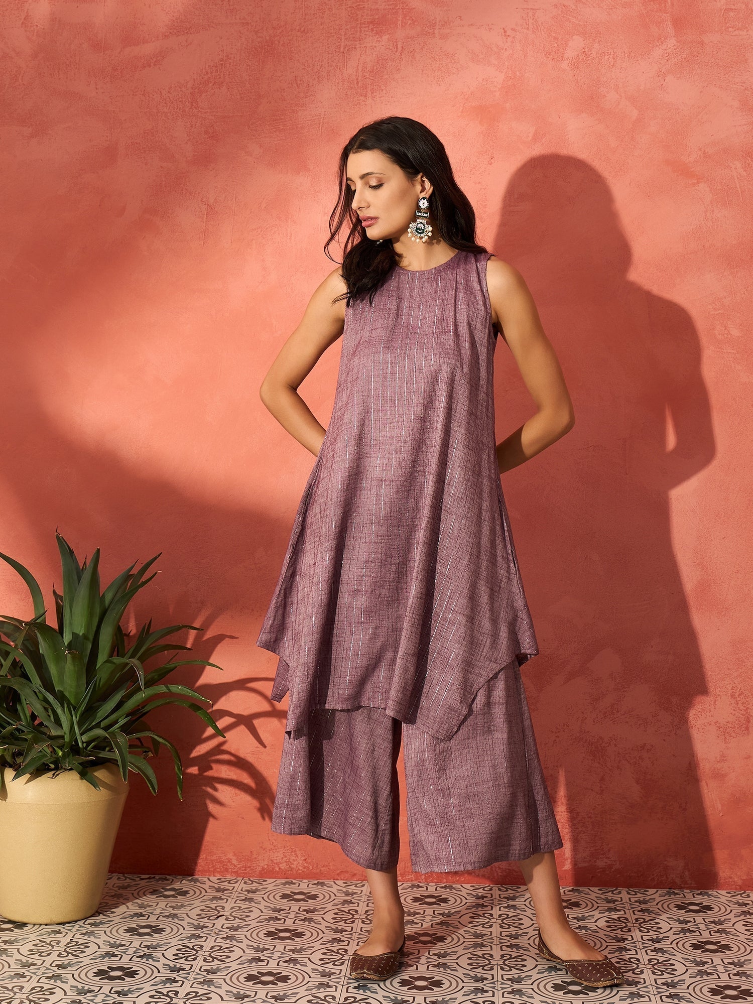 InWeave Mauve Lurex Short Palazzo Kurta Set - Swadesiicart
