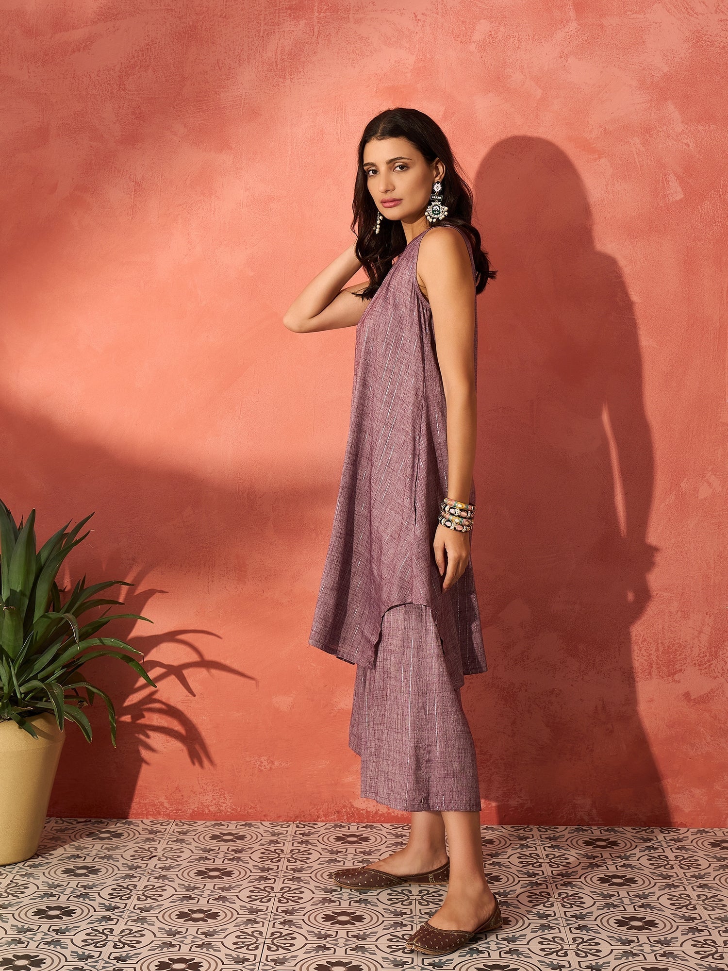 InWeave Mauve Lurex Short Palazzo Kurta Set - Swadesiicart