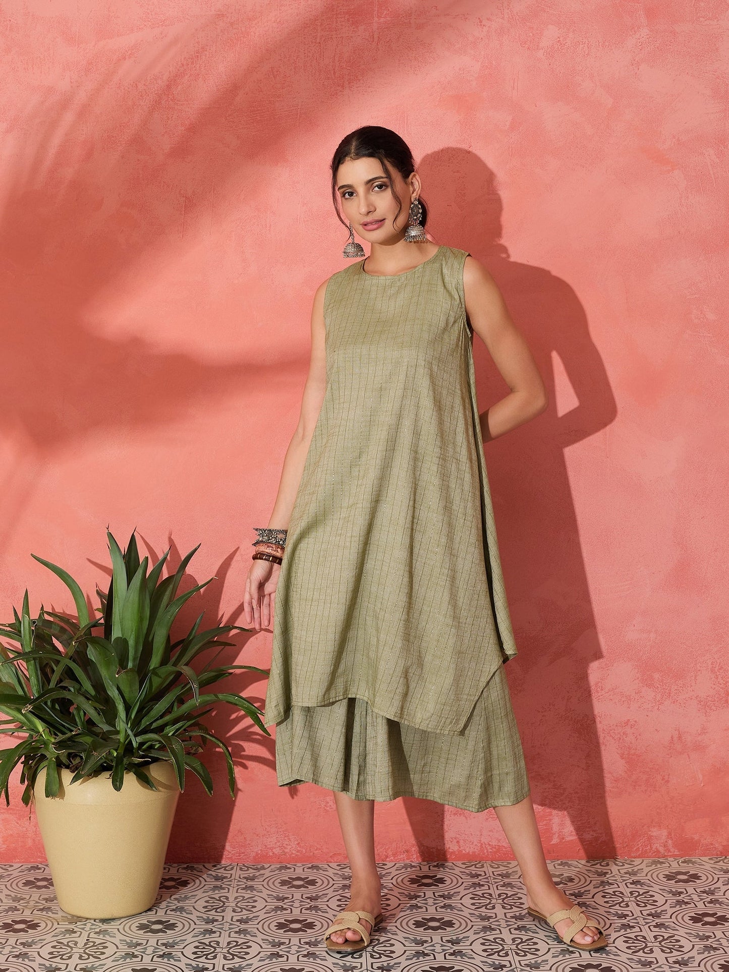 InWeave Olive Lurex Short Palazzo Kurta Set - Swadesiicart