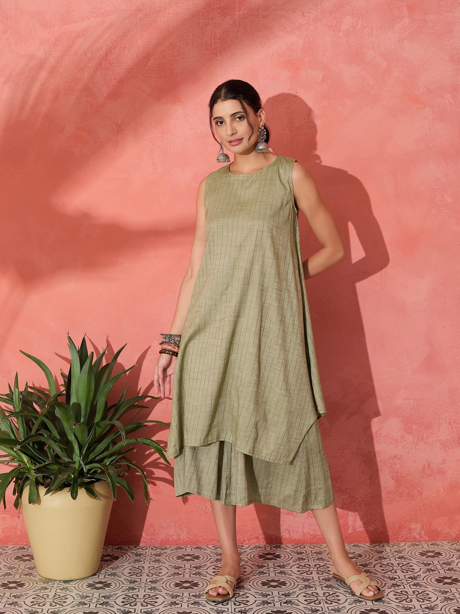 InWeave Olive Lurex Short Palazzo Kurta Set - Swadesiicart