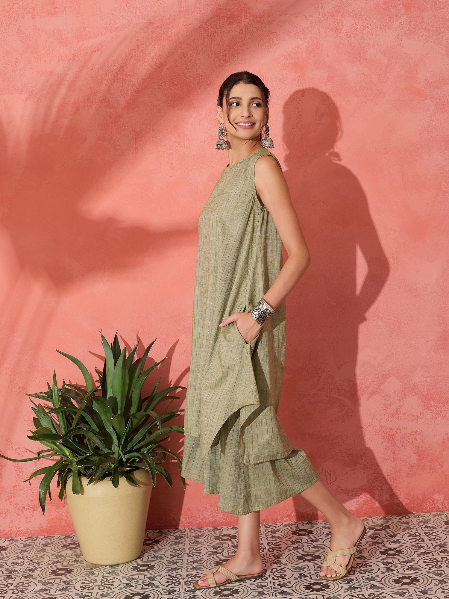 InWeave Olive Lurex Short Palazzo Kurta Set - Swadesiicart