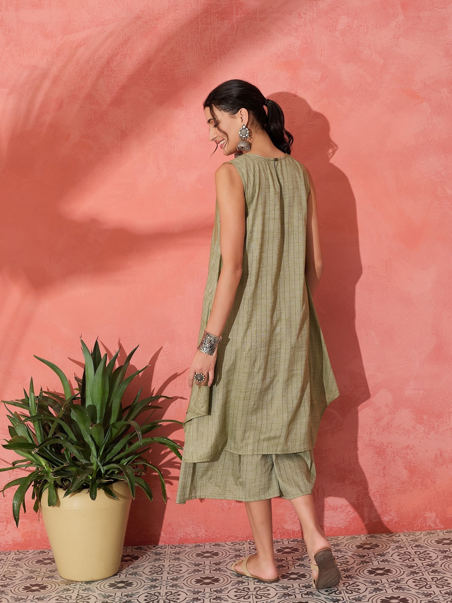InWeave Olive Lurex Short Palazzo Kurta Set - Swadesiicart