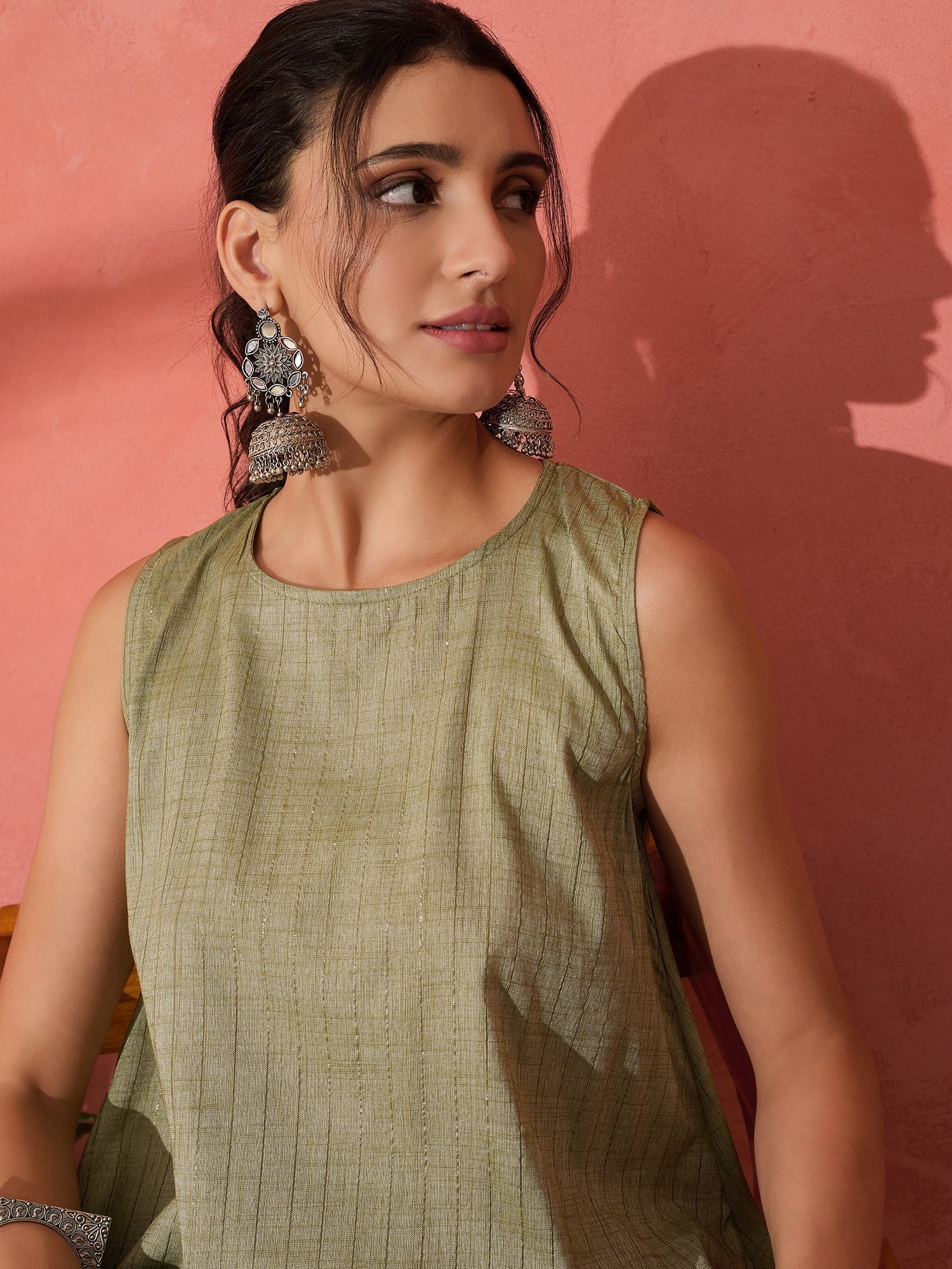 InWeave Olive Lurex Short Palazzo Kurta Set - Swadesiicart