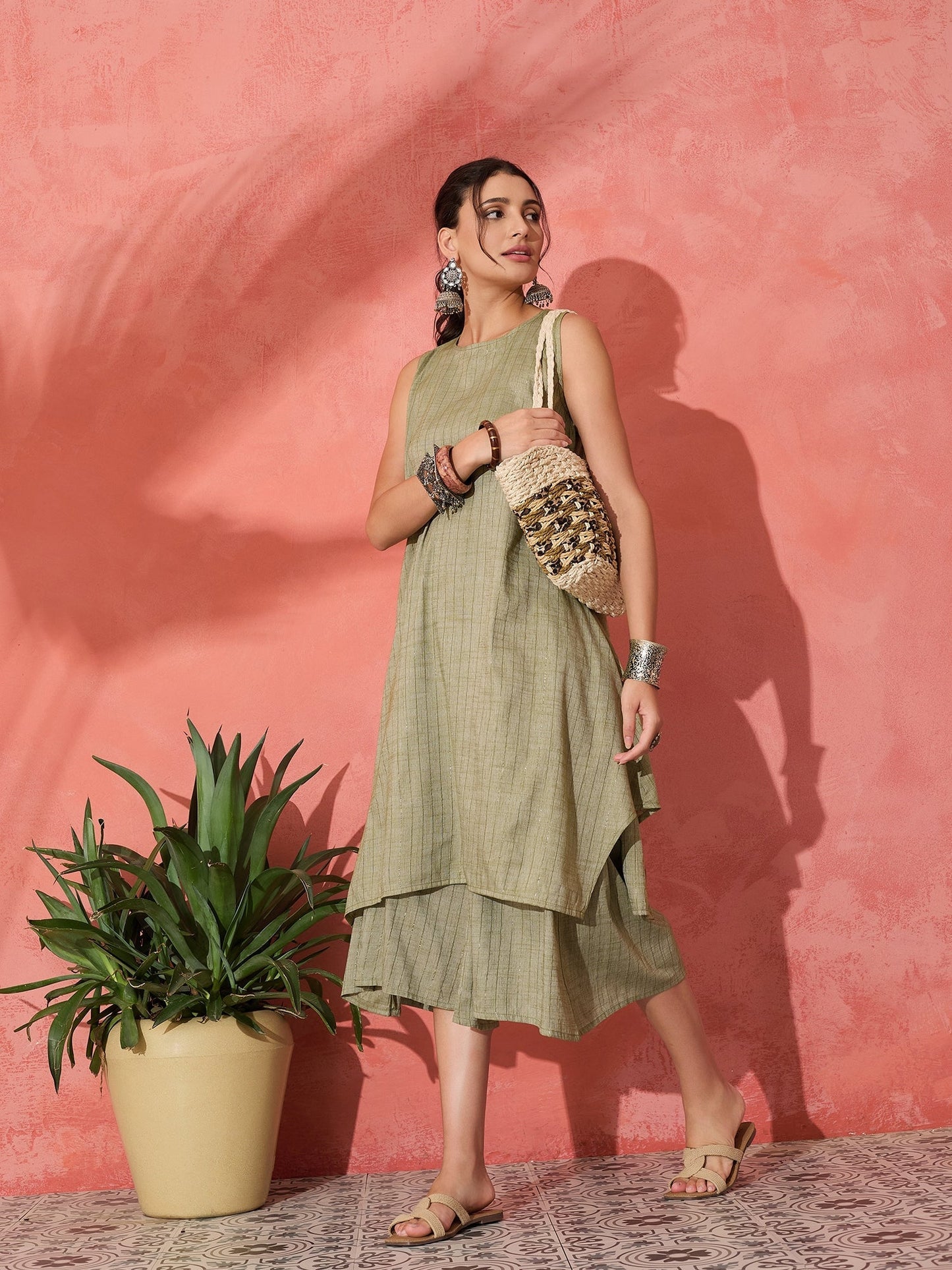 InWeave Olive Lurex Short Palazzo Kurta Set - Swadesiicart
