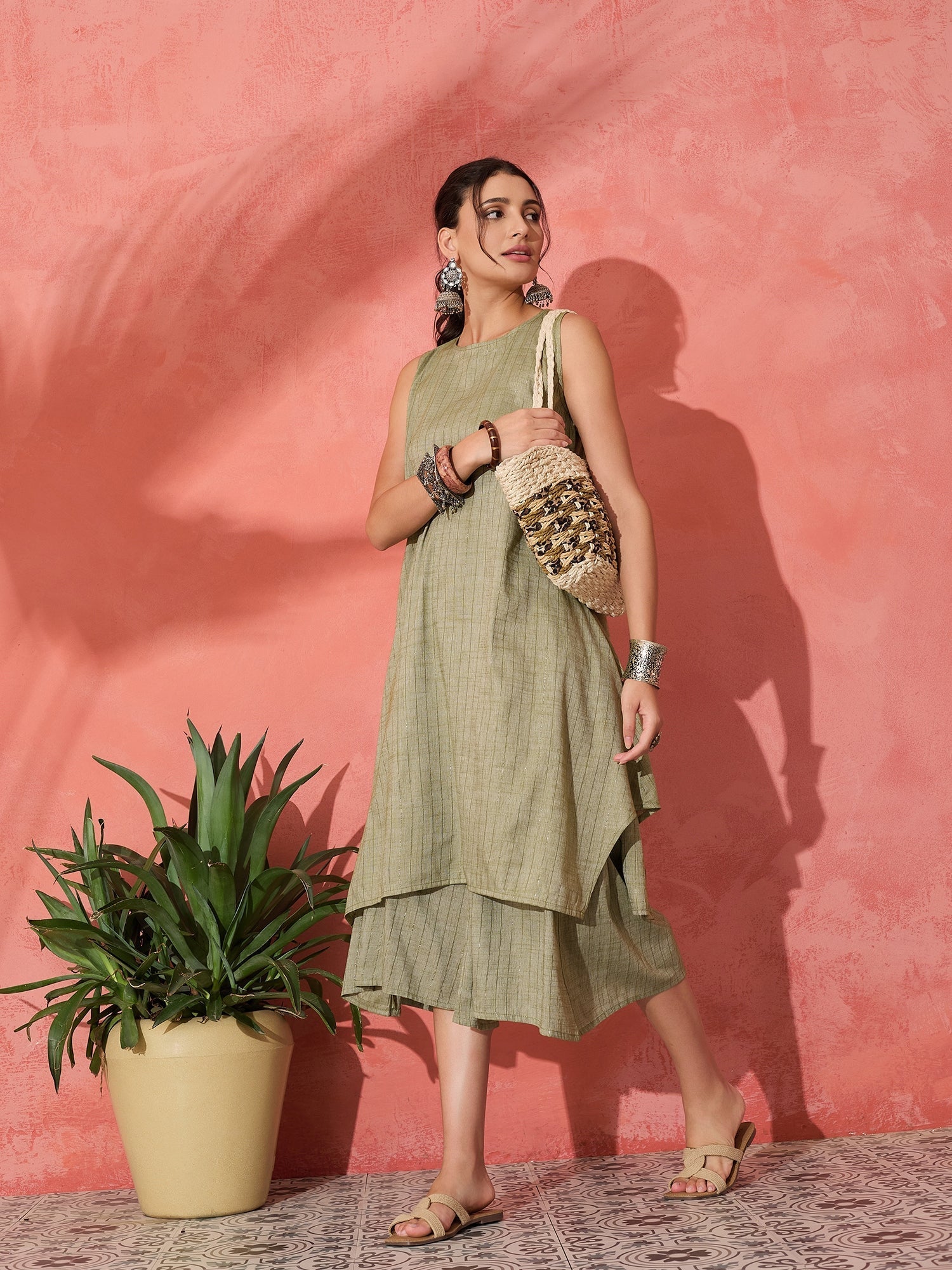 InWeave Olive Lurex Short Palazzo Kurta Set - Swadesiicart