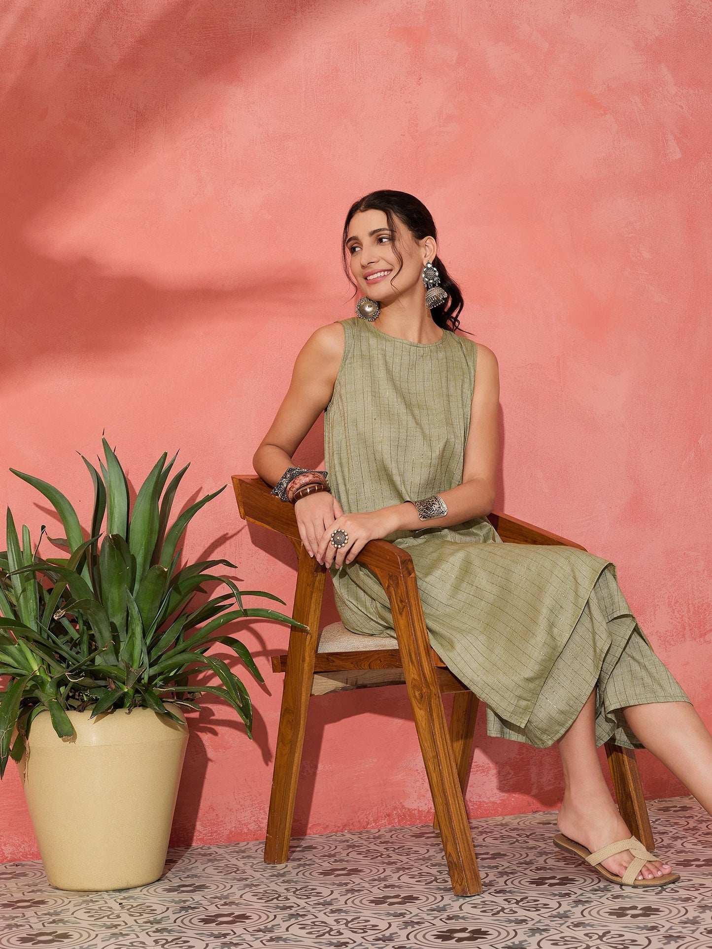 InWeave Olive Lurex Short Palazzo Kurta Set - Swadesiicart