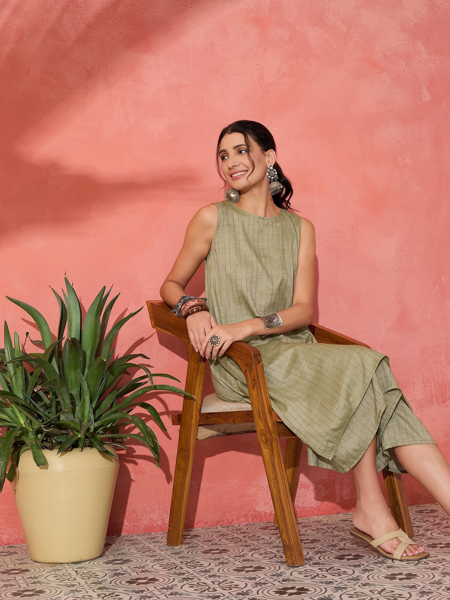 InWeave Olive Lurex Short Palazzo Kurta Set - Swadesiicart