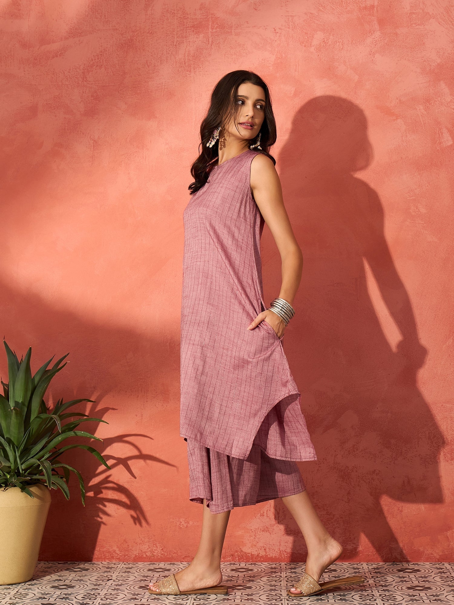 InWeave Wine Lurex Short Palazzo Kurta Set - Swadesiicart