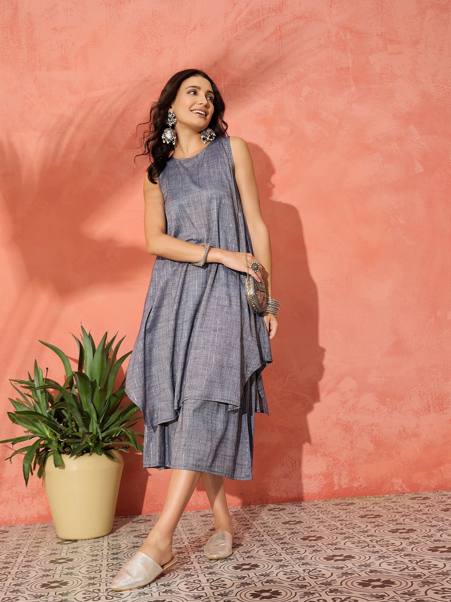 InWeave Blue Lurex Short Palazzo Kurta Set - Swadesiicart