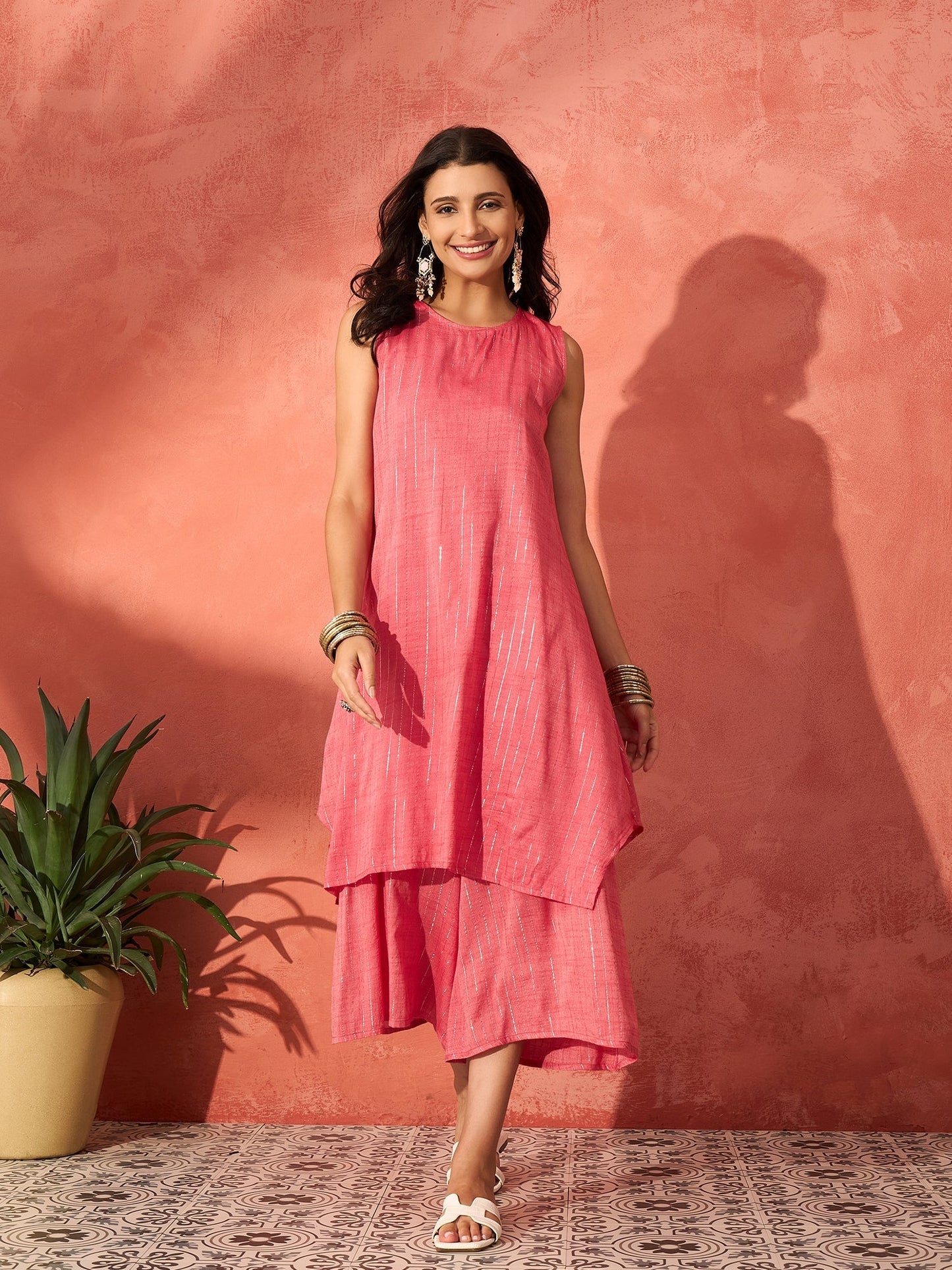 InWeave Red Lurex Short Palazzo Kurta Set - Swadesiicart