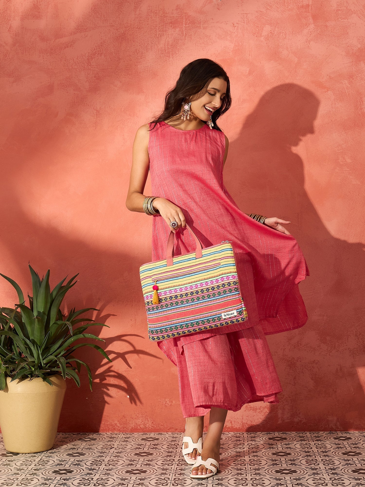InWeave Red Lurex Short Palazzo Kurta Set - Swadesiicart