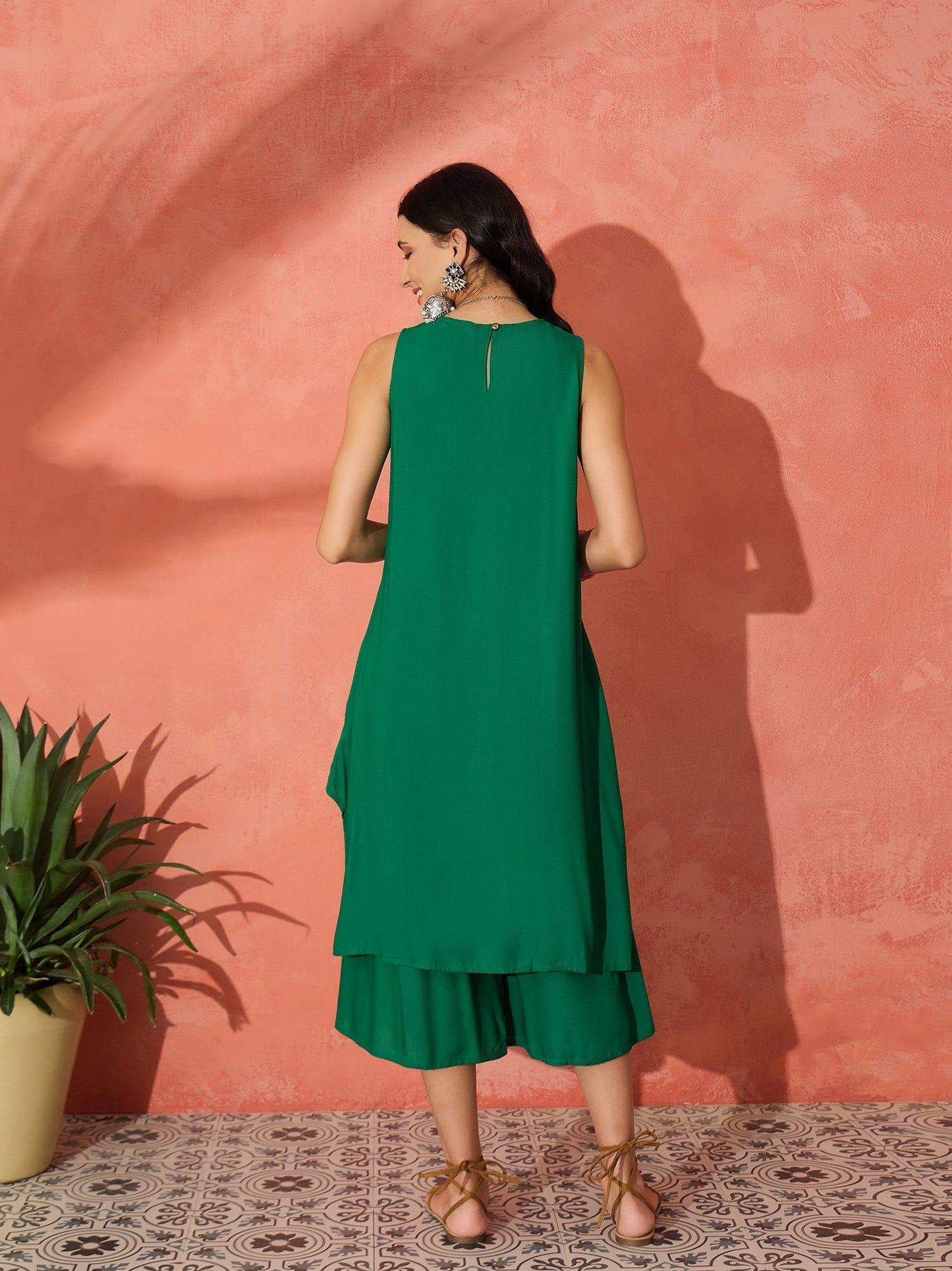 InWeave Forest Green Short Kurta Palazzo Set - Swadesiicart