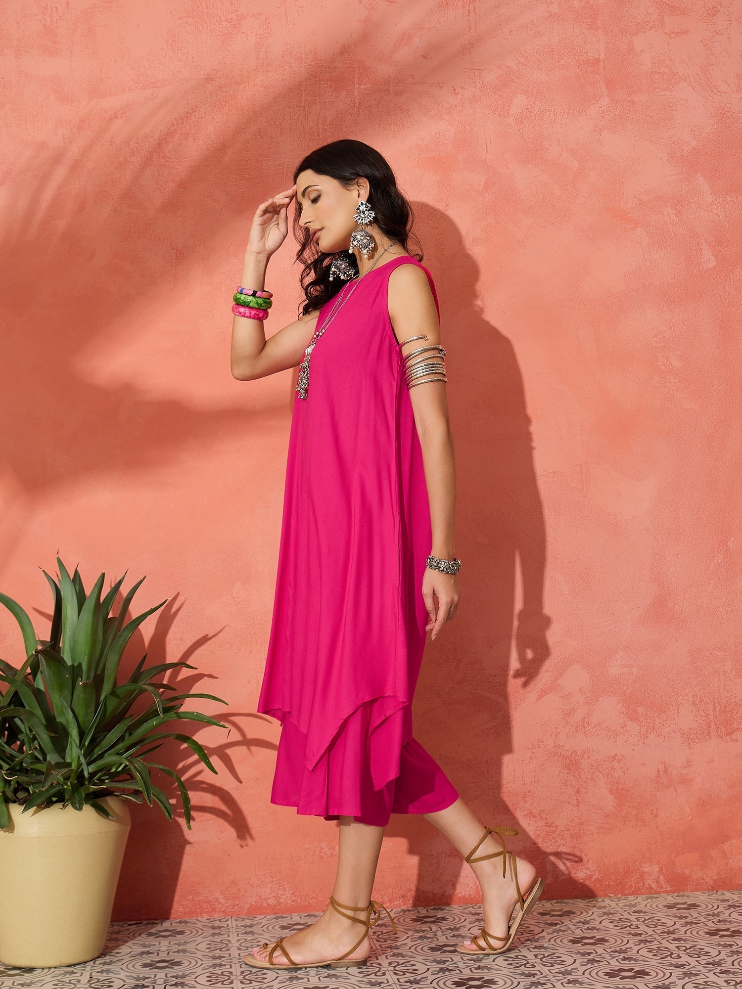 InWeave Fuchsia Short Kurta Palazzo Set - Swadesiicart